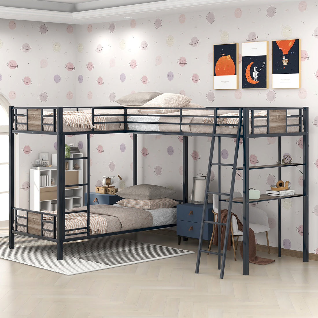 L Shaped Twin Over Twin Bunk Bed With Twin Size Loft Bed With Desk And Shelf ,Brown Brown Steel