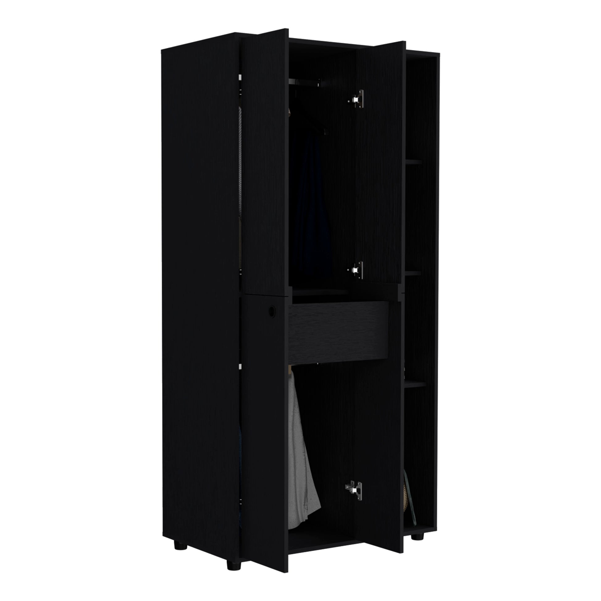 Misuri Wardrobe Armoire With Double Door, Drawer, Hanging Rodss, And Open Shelves Black Black Bedroom Particle Board