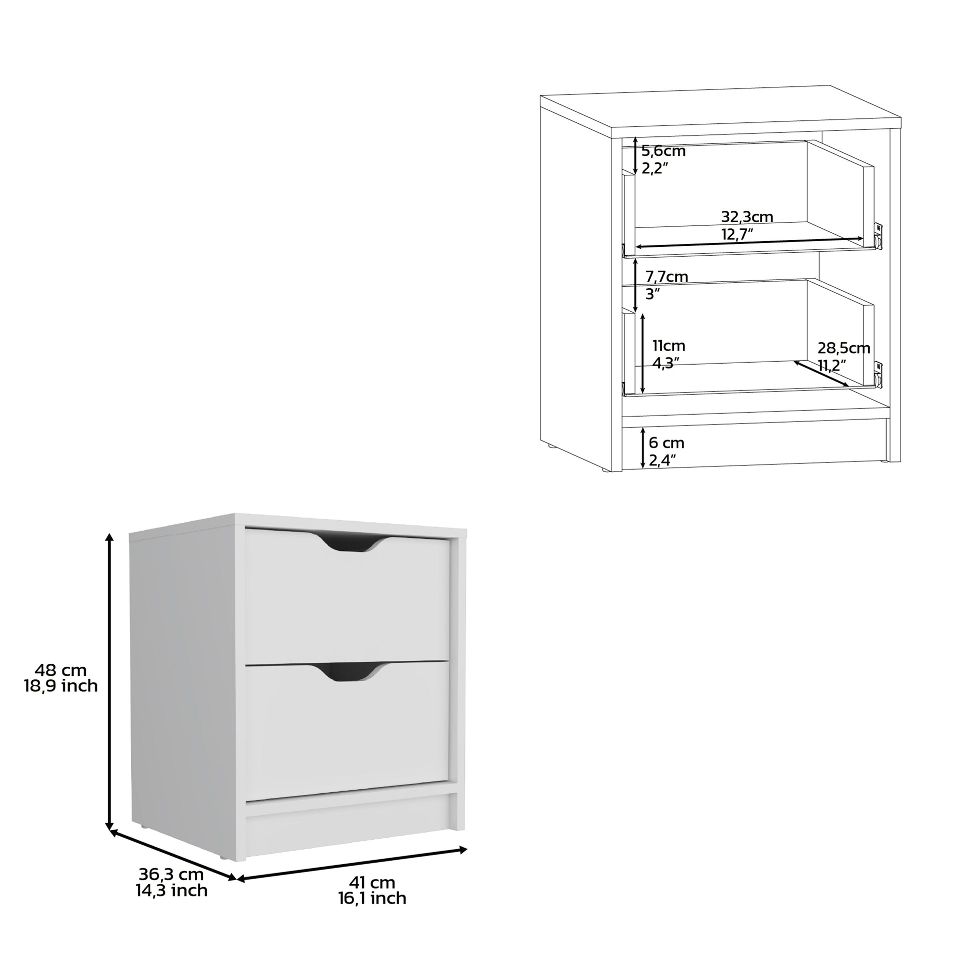 Double Drawer Nightstand 19"H, Bedside Table, White White Particle Board Particle Board