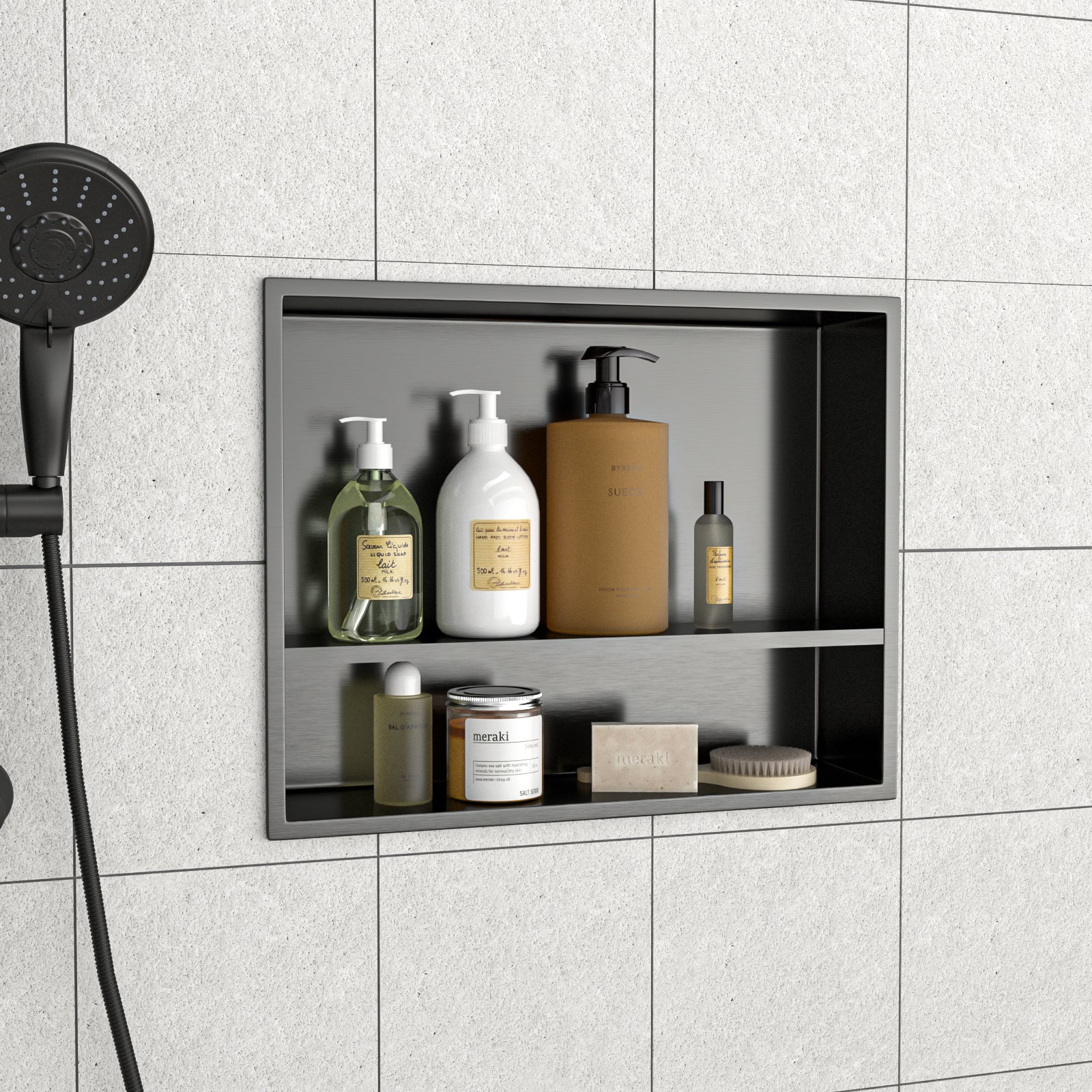 19" X 15" Stainless Steel Shower Niche Double Shelf, Gunmetal Black Gunmetal Black Stainless Steel