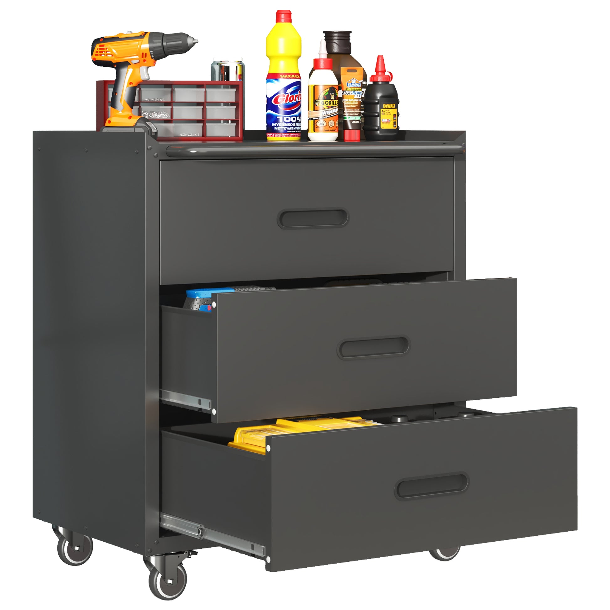 Heavy Duty Metal Storage Cabinet With Wheels 3 Drawer Tool Cabinet For Garage, Office, And Home Organizer Solutions, Black Gray Black Steel