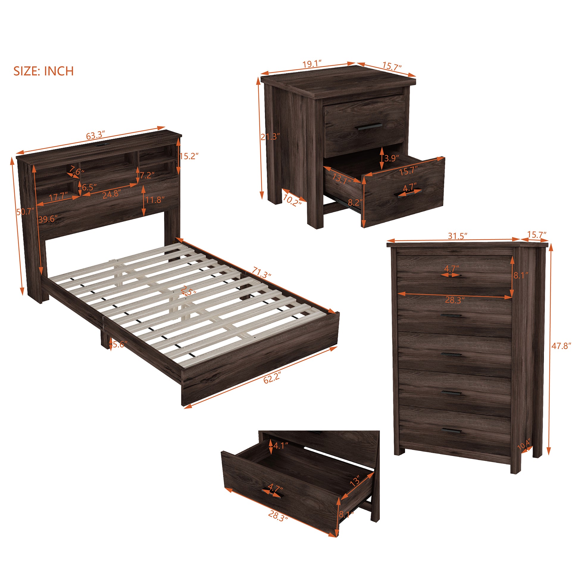 4 Pieces Bedroom Sets Queen Size Vintage Wooden Bed Frame With 2 Nightstands And 1 Dresser,Dark Walnut Box Spring Not Required Queen Walnut 4 Piece Set American Traditional Solid Wood Mdf