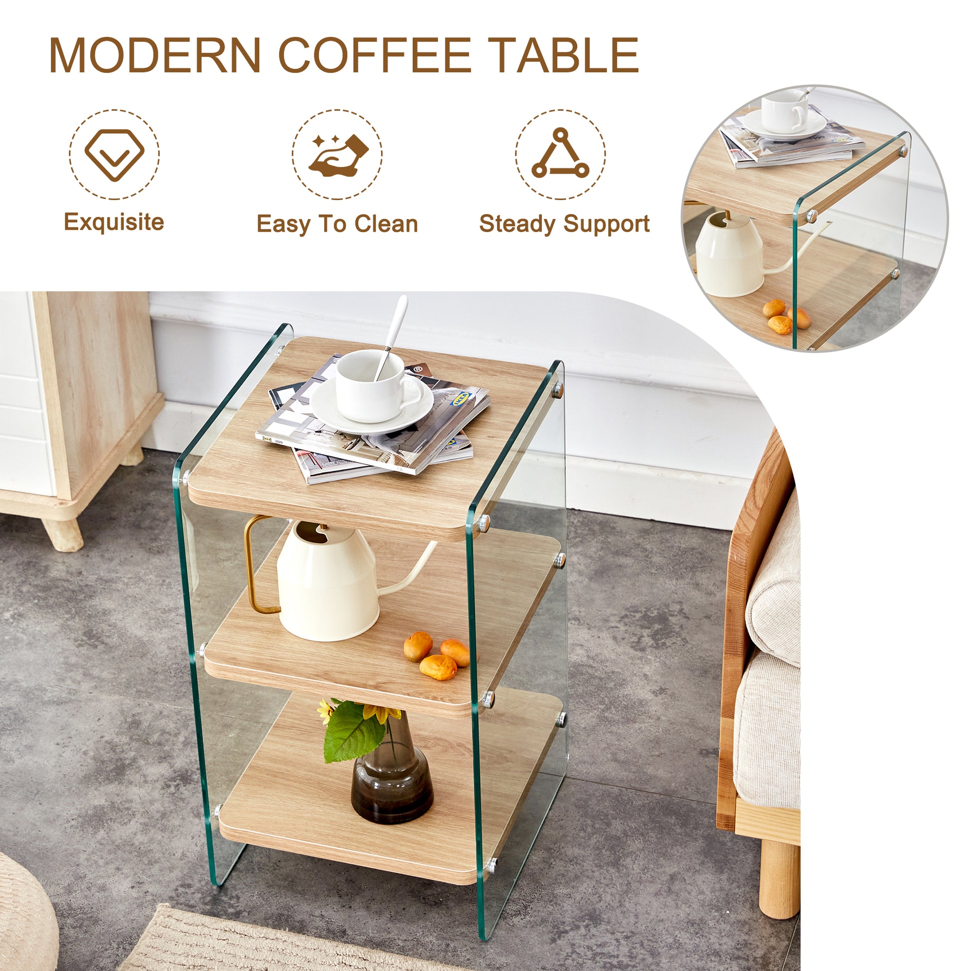 Three Layer Bedside Cabinet.The Board Is Made Of Mdf With Wooden Stickers, With Transparent Tempered Glass On Both Side.The Design Is Simple And Elegant, With Powerful Storage Function.Storage Cabinet Wood Mdf Glass