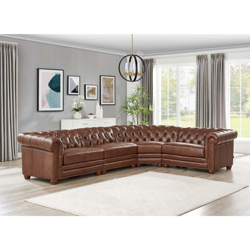 Aliso L Shaped Leather Sectional Pecan Mid Century Modern Down Filling Genuine Leather 6 Seat