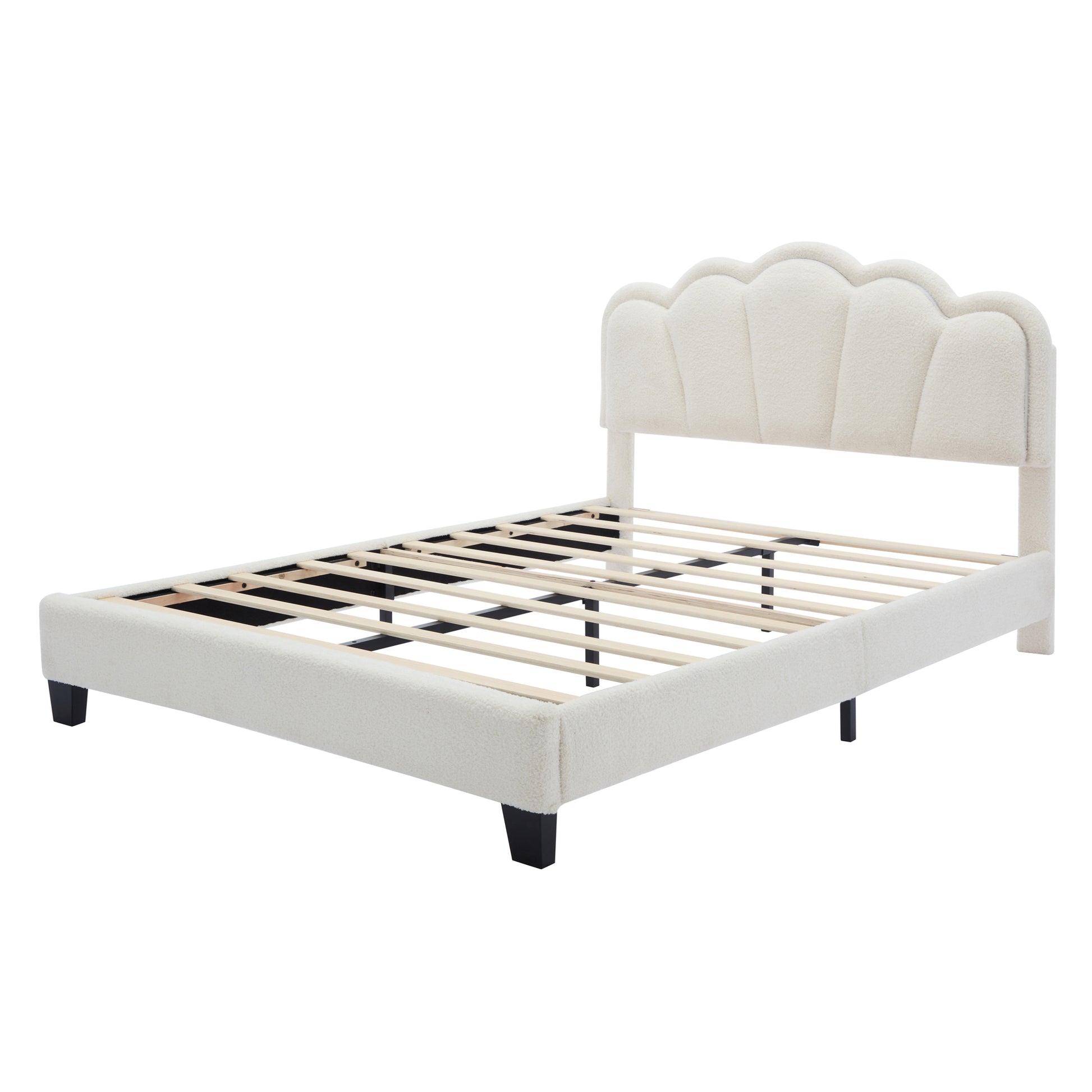 Full Size Upholstered Flower Shape Bed, Elegant Flowers Headboard With Led Light Strip, Sherpa Fabric Platform Bed With Wooden Slats Support, White Full White Wood