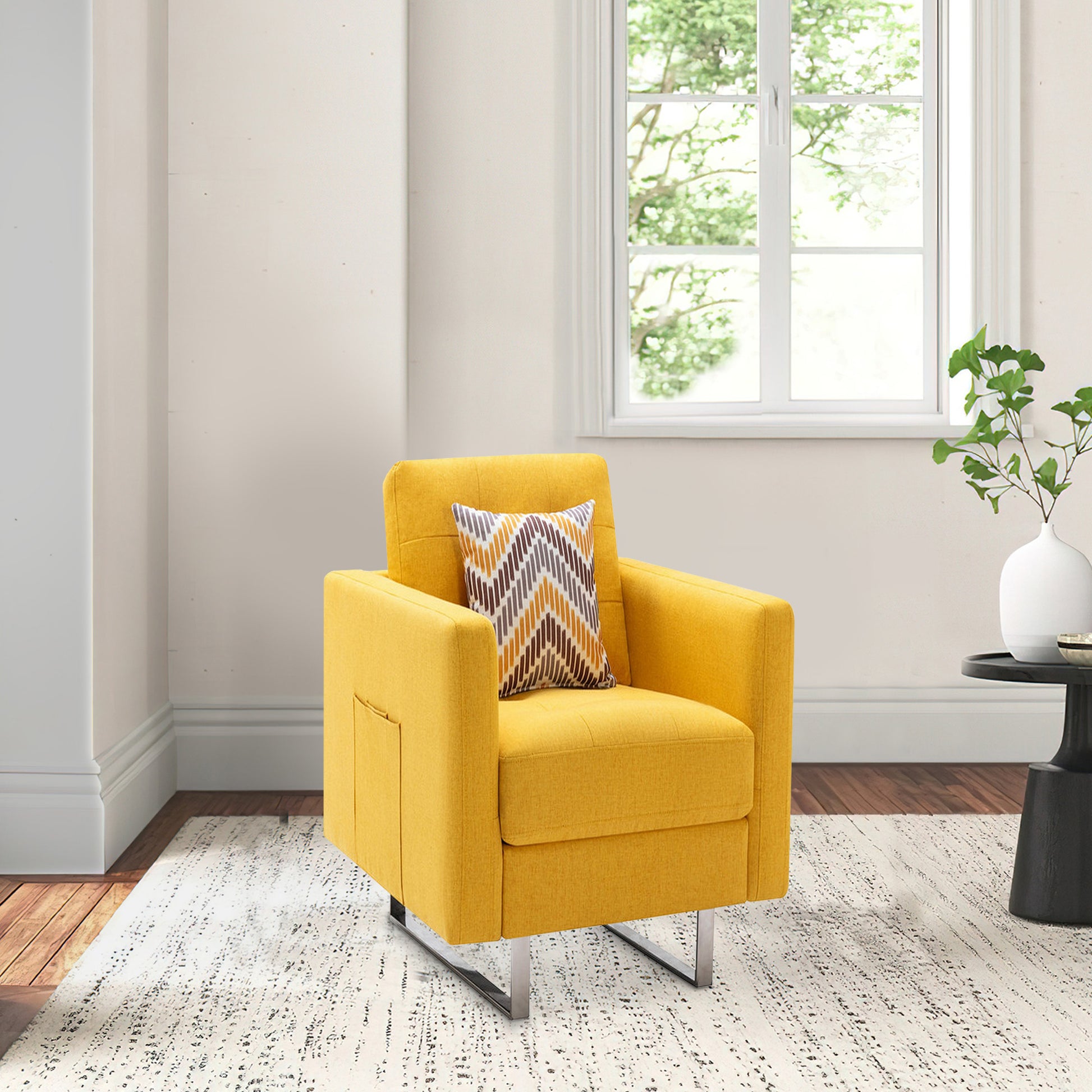 Lewa 34 Inch Modern Accent Armchair, Silver Metal Legs, Tufted Seat, Yellow Yellow Solid Wood