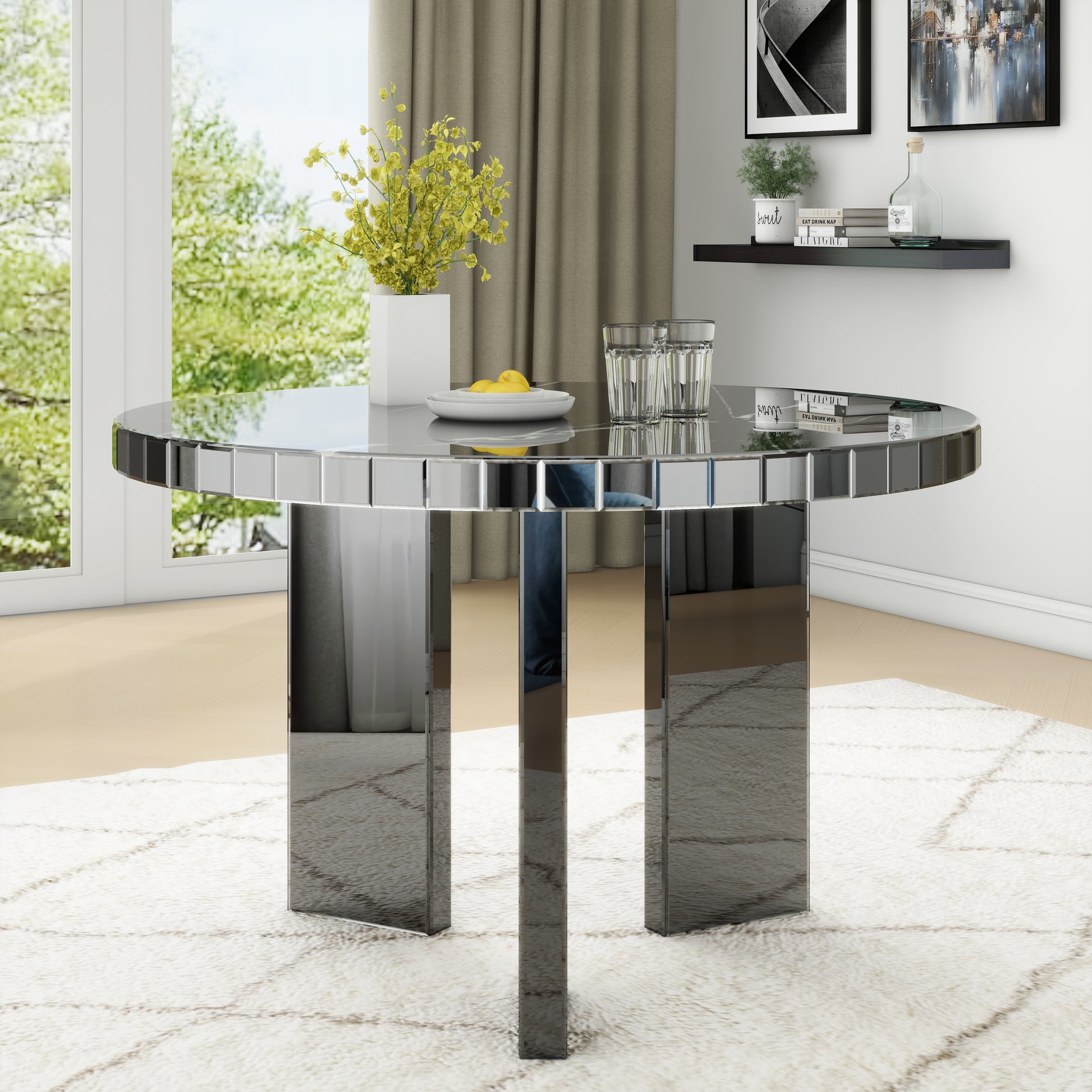 48" Round Faux Marble Mirrored Dining Table Black Mirrored Finish Desk And Hutch Dining Room Contemporary Freestanding Round Kitchen & Dining Tables Round Mdf Glass