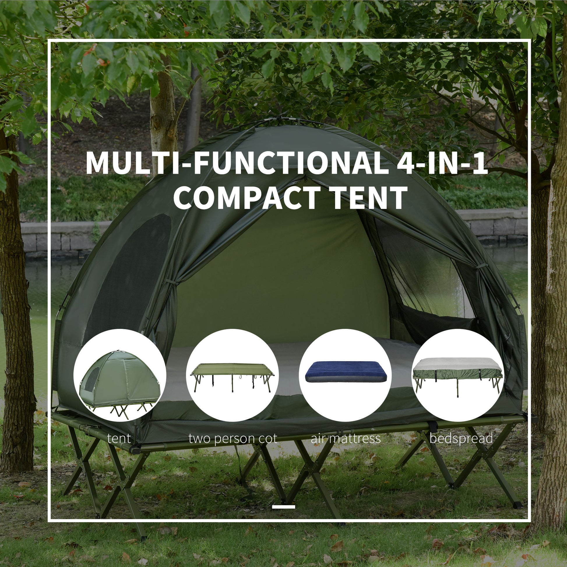 Outsunny 2 Person Foldable Camping Cot With Tent, Bedspread And Thick Air Mattress, 4 In 1 Elevated Camping Bed Tent For Outdoor Hiking, Picnic, Travel Dark Green Polyester