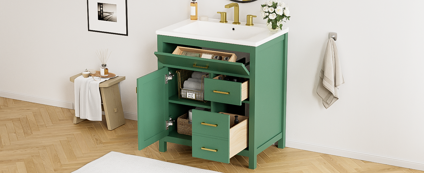 30 Inch Green Bathroom Vanity With Ceramic Sink And Large Storage Ideal Choice For Small Bathrooms Green Solid Wood Mdf