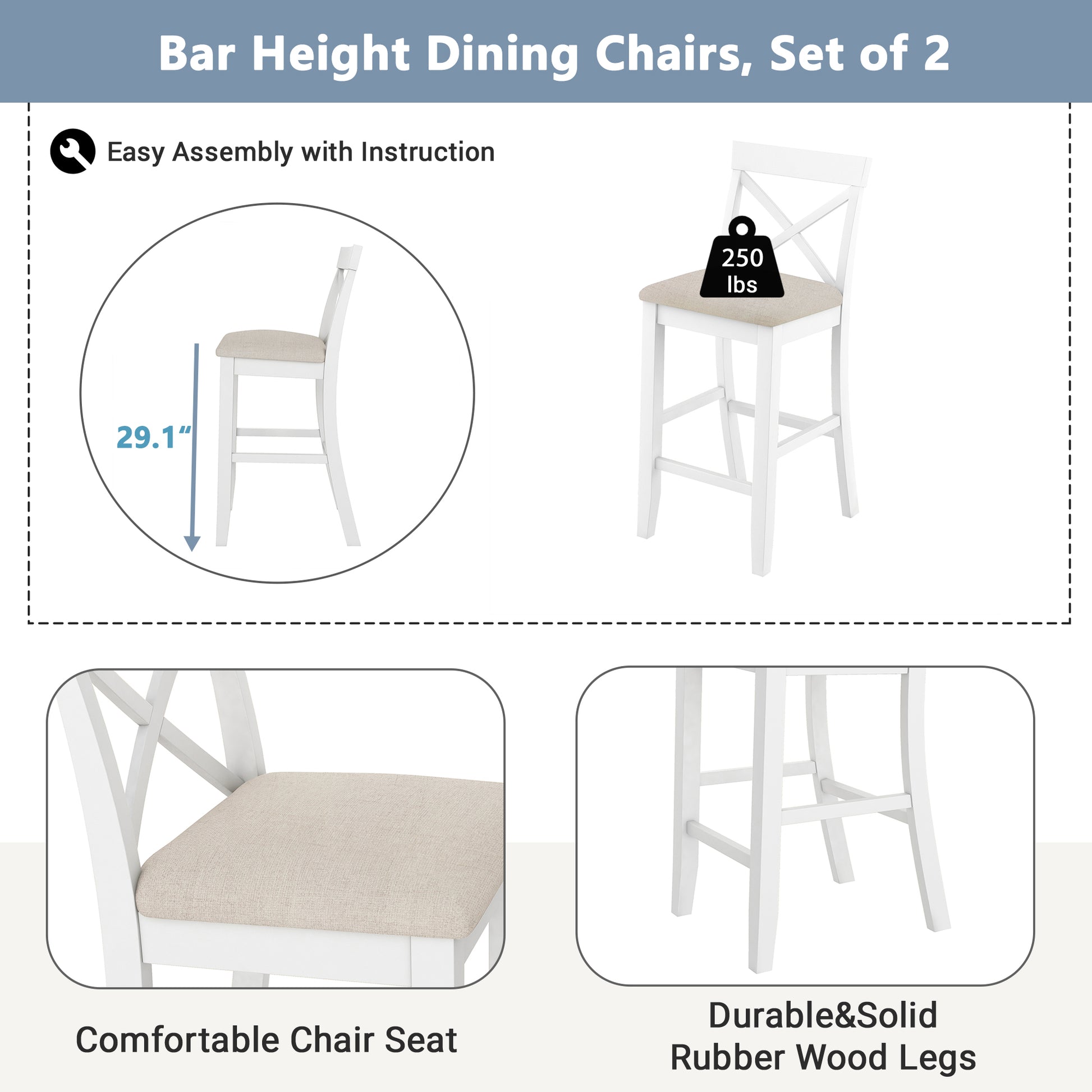 Farmhouse 48"Rectangular Wood Bar Height Dining Set Kitchen Breakfast Nook With 2 Chairs For Small Places,Cherry White White Wood Dining Room Solid Wood Acacia Rectangular Dining Table With Chair