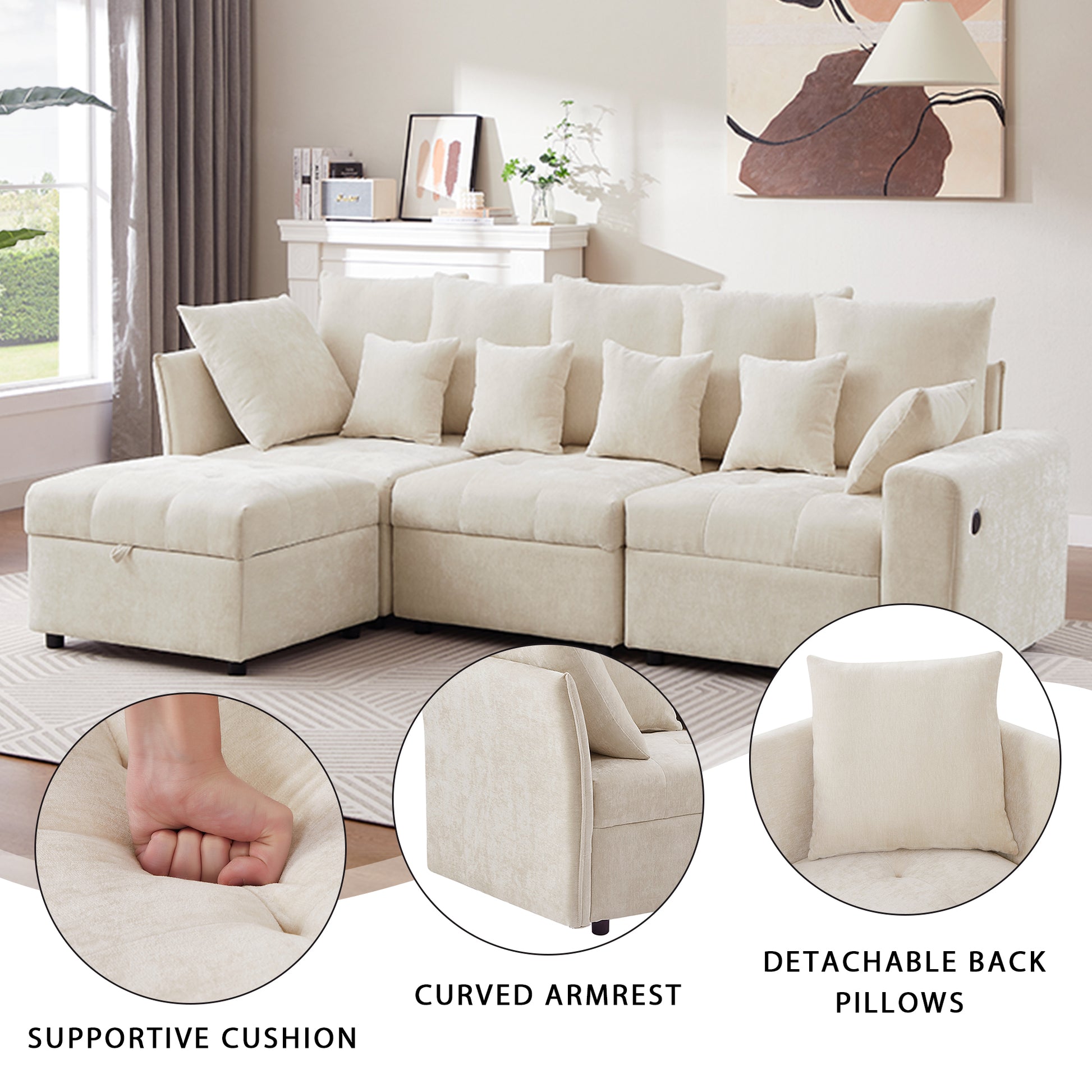 96.45"Sectional Sofa Modular Sofa Couch With Three Usb Ports, A Removable Storage Ottoman And Five Back Pillows For Living Room, Beige Beige Foam Chenille 4 Seat