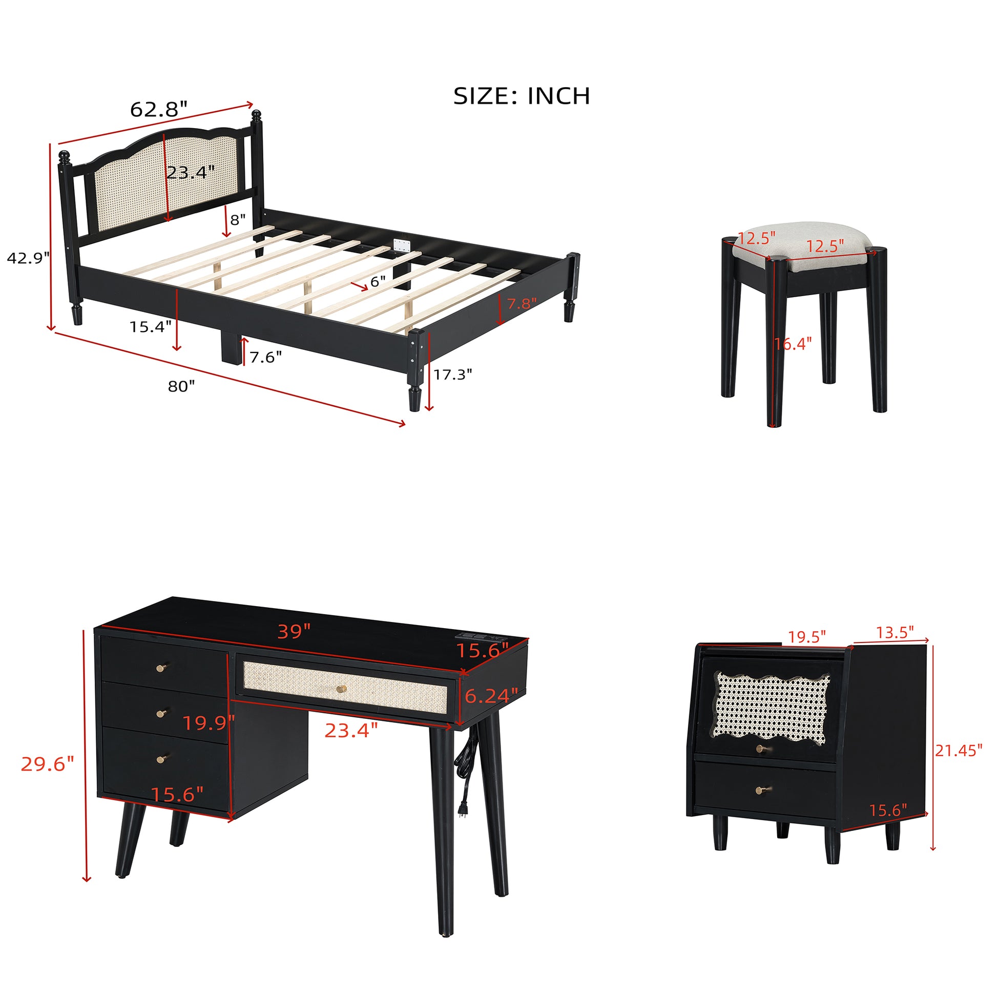 3 Pieces Bedroom Set With Queen Size Wooden Bed Frame, 1 Vintage Nightstand And 1 Makeup Vanity Set With Stool,Black Queen Black 3 Piece Set Wood