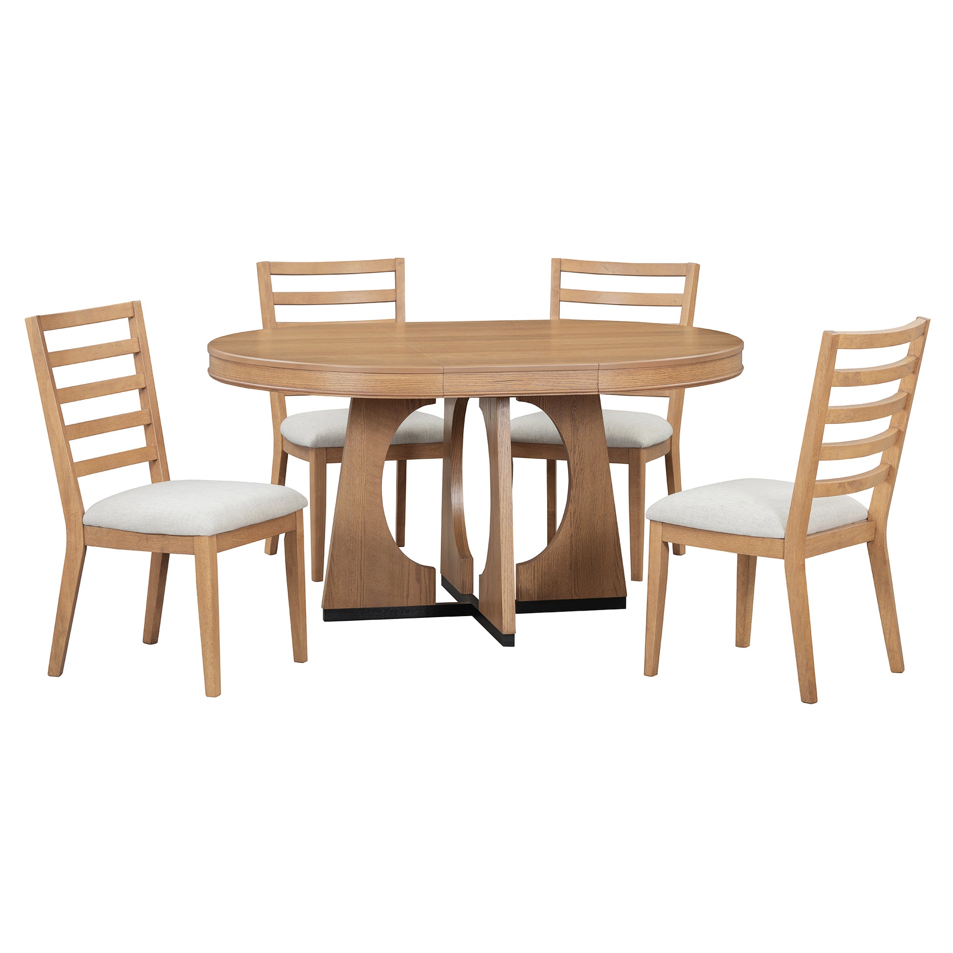 5 Piece Retro Rustic Functional Dining Set Unique Geometric Design, 1 Extendable Table With A 16 Inch Leaf And 4 Upholstered Chairs Ideal For Dining Room And Kitchen Natural Natural Solid Wood Mdf