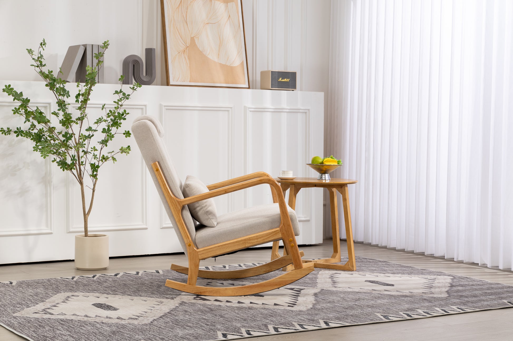 Rocking Chair Upholstered Fabric Rocking Armchair Indoor With High Backrest Glider Chairs And Lumbar Pillow For Living Room Beige Linen