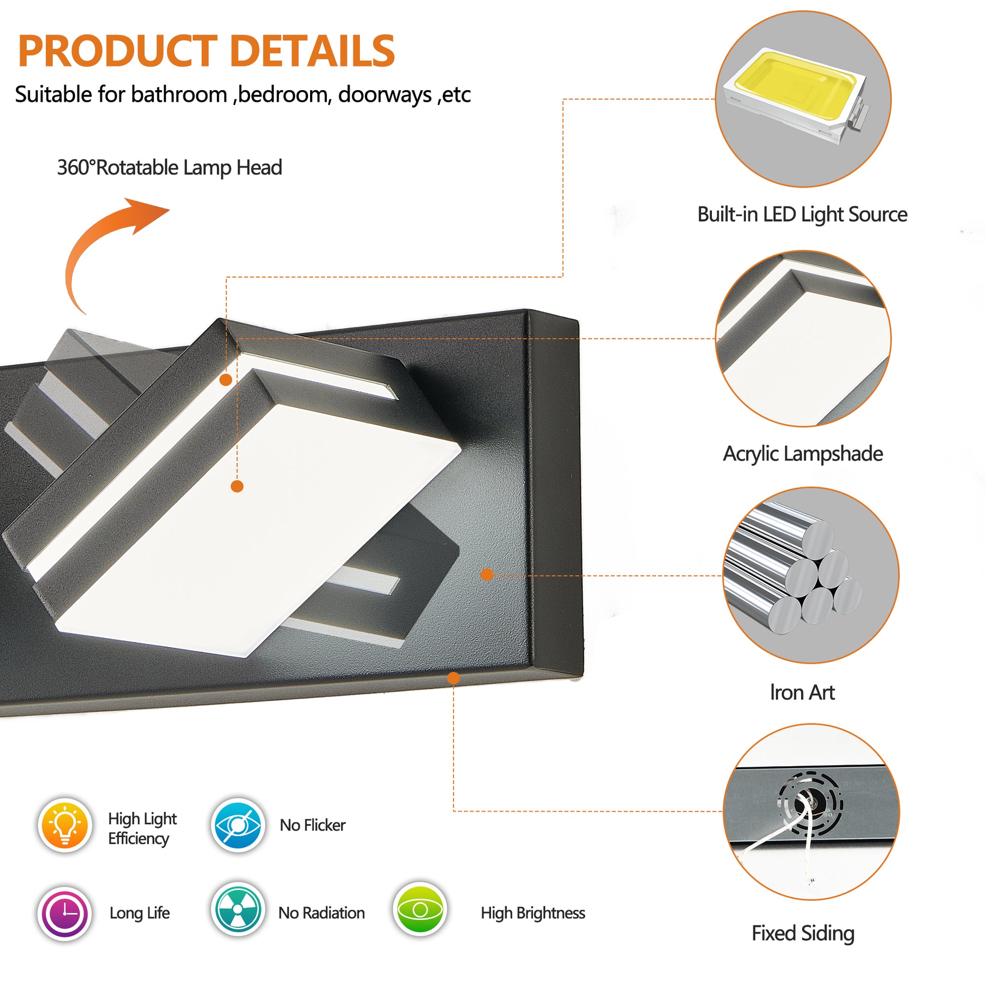 Modern Black Led Vanity Light, 5 Lights Wall Sconce For Bathroom And Mirror, Sleek Minimalist Design, Energy Efficient, Easy To Install Black Iron