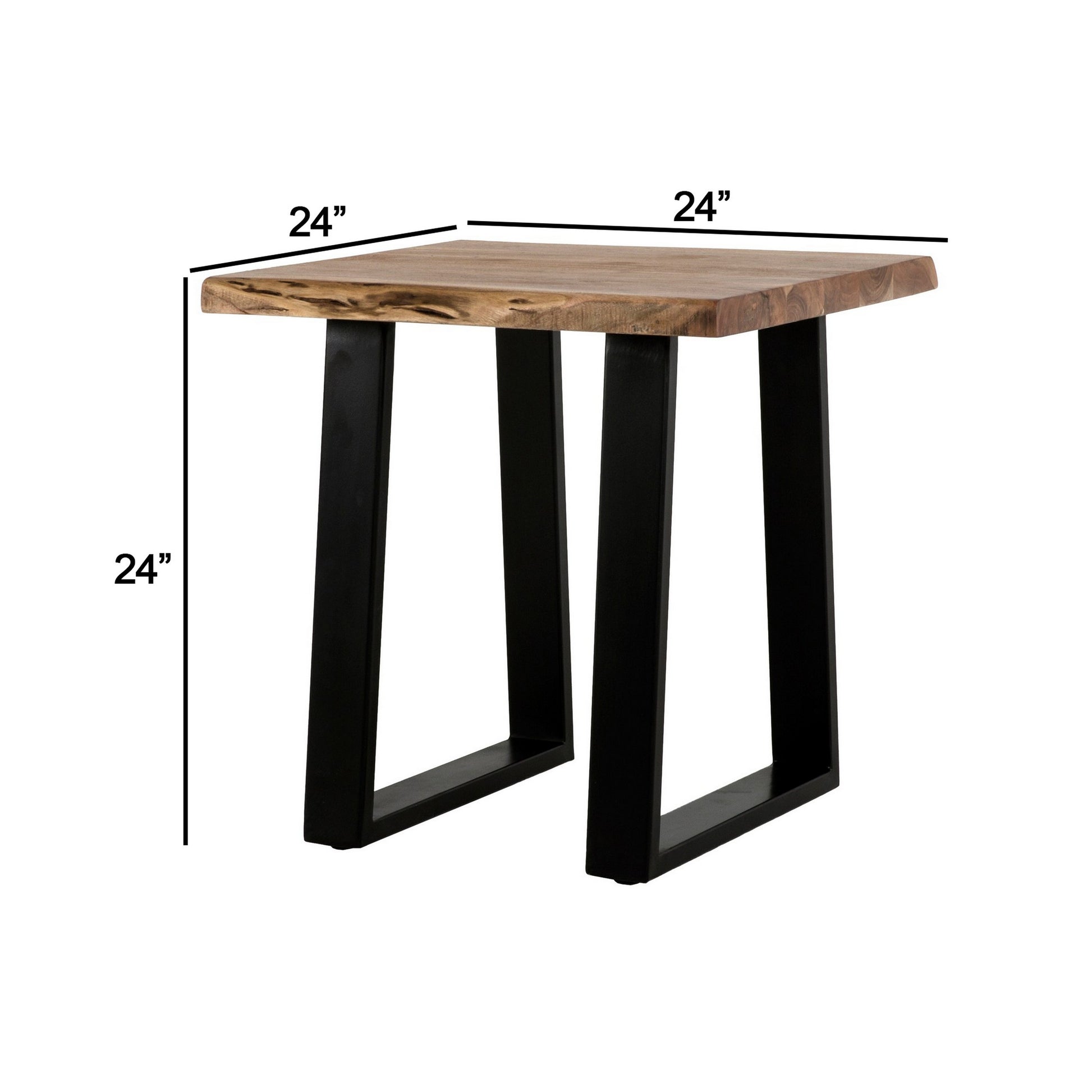 24 Inch End Table, Rustic Style, Brown Acacia Wood Top, Tall Metal Base Black Brown Acacia Wood