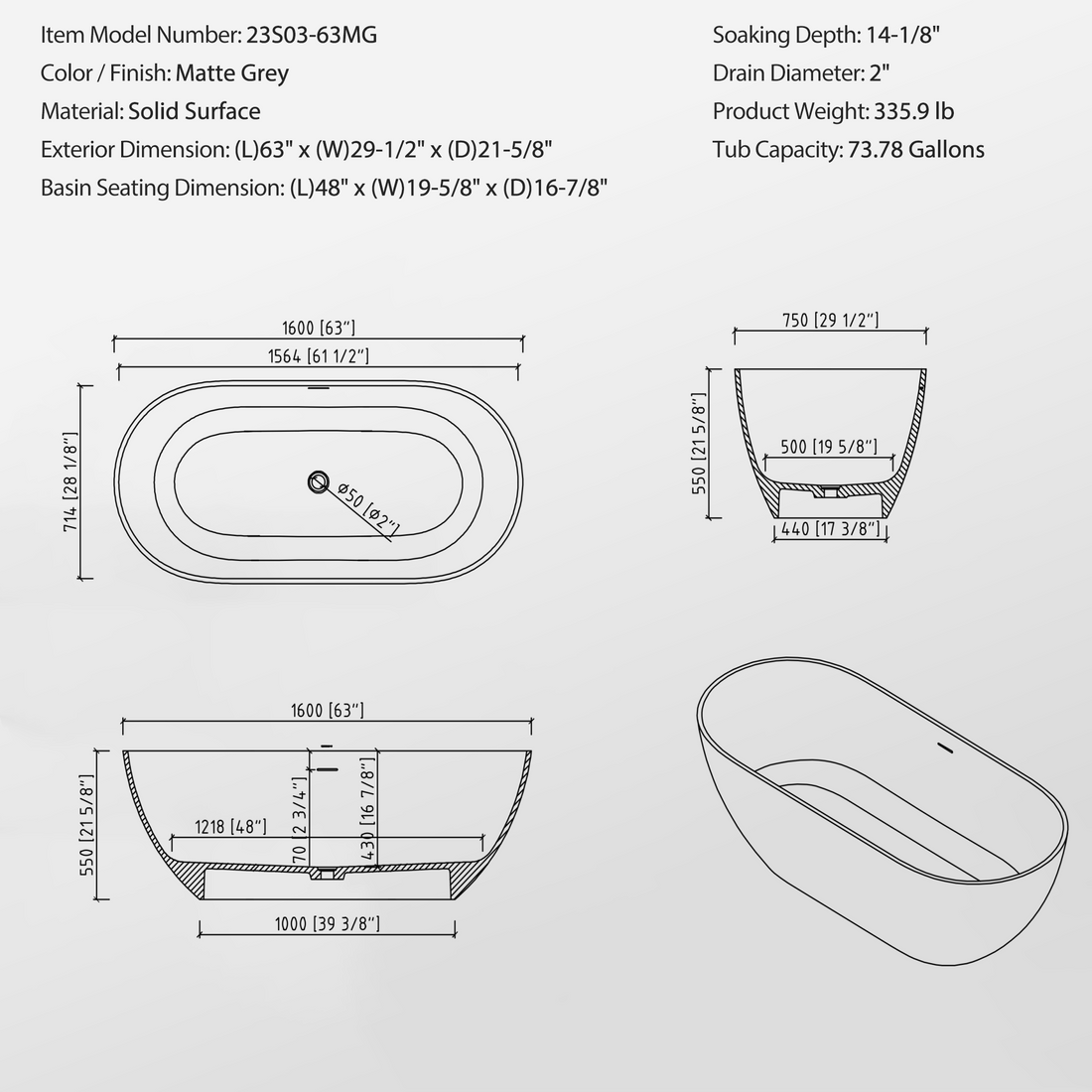 63" Luxury Engineered Solid Surface Bathtub, Stone Resin Freestanding Soaking Bathtub With Overflow And Pop Up Drain For Contemporary Bathroom, Matte Grey 23S03 63Mg Matte Gray Bathroom Freestanding Tubs Matte Soaking Center Engineered Stone