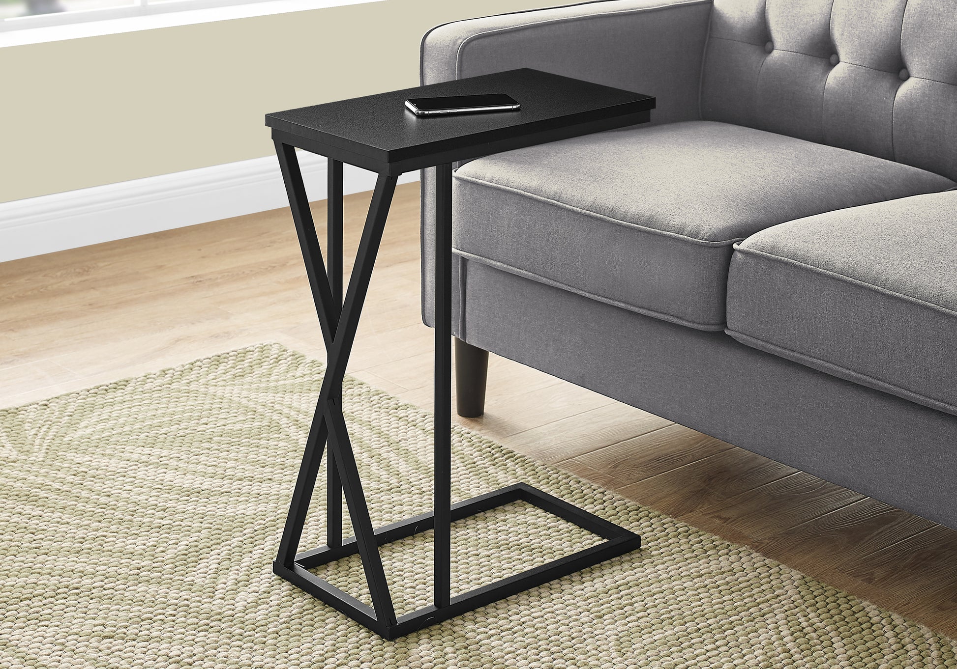 Accent Table, C Shaped, End, Side, Snack, Living Room, Bedroom, Black Laminate, Black Metal, Contemporary, Modern Black Mdf