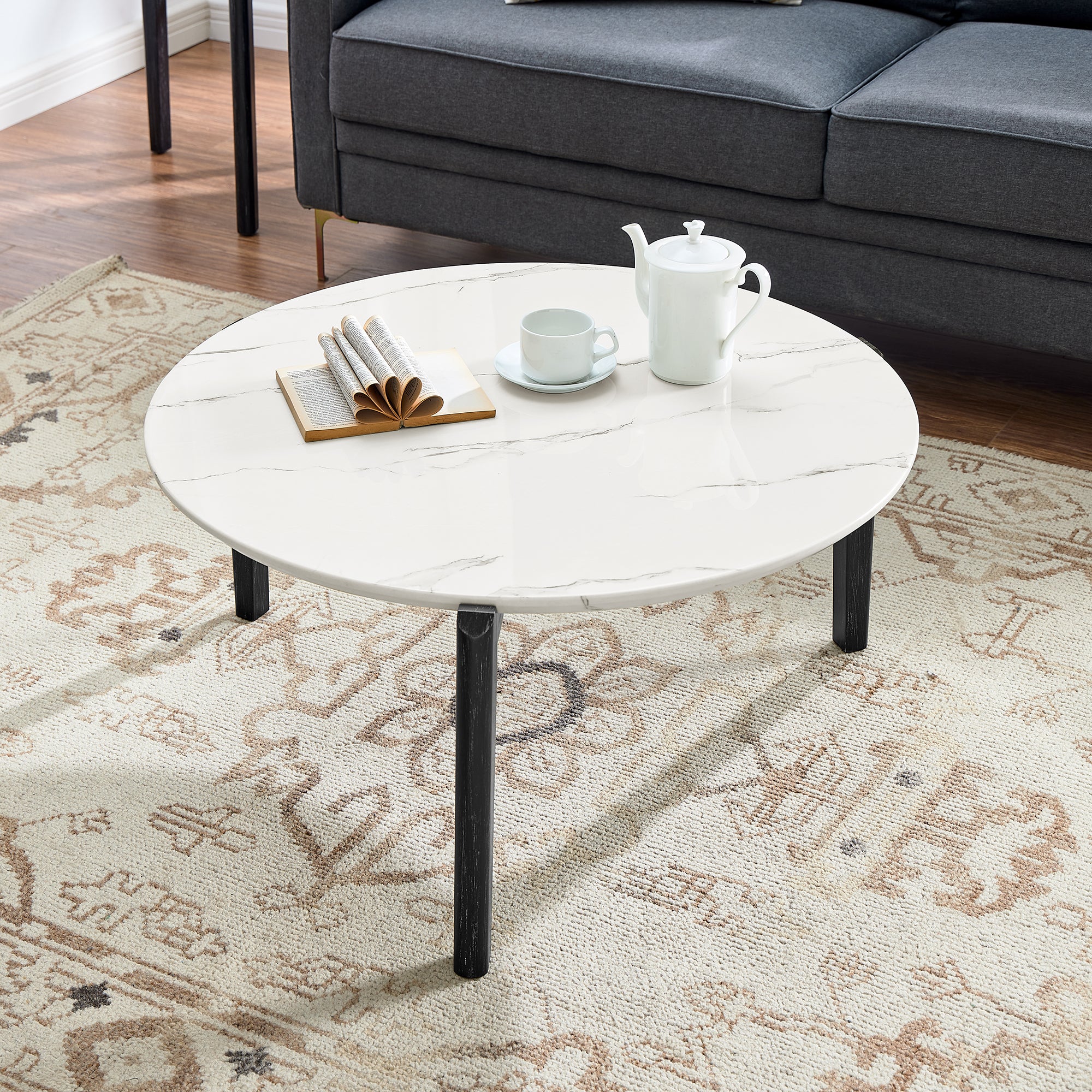 Living Room Coffee Table: Modern And Stylish 36 Inch Round Small Coffee Table, Imitation Marble Tabletop With Rubber Wood Solid Wood Legs, Wooden Coffee Table, Living Room, Office, Home Black White