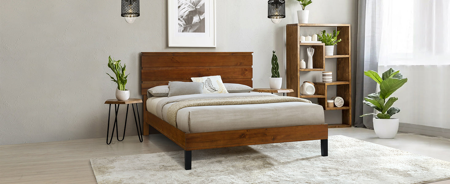 Mid Century Modern Solid Wood Bed Frame King Size Platform Bed With Three Piece Headboard Design, No Box Spring Needed, Brown King Brown Pine