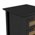 Wooden Nightstands Set Of 2 With Rattan Woven Surfaces And Three Drawers, Exquisite Elegance With Natural Storage Solutions For Bedroom, Black Black Particle Board