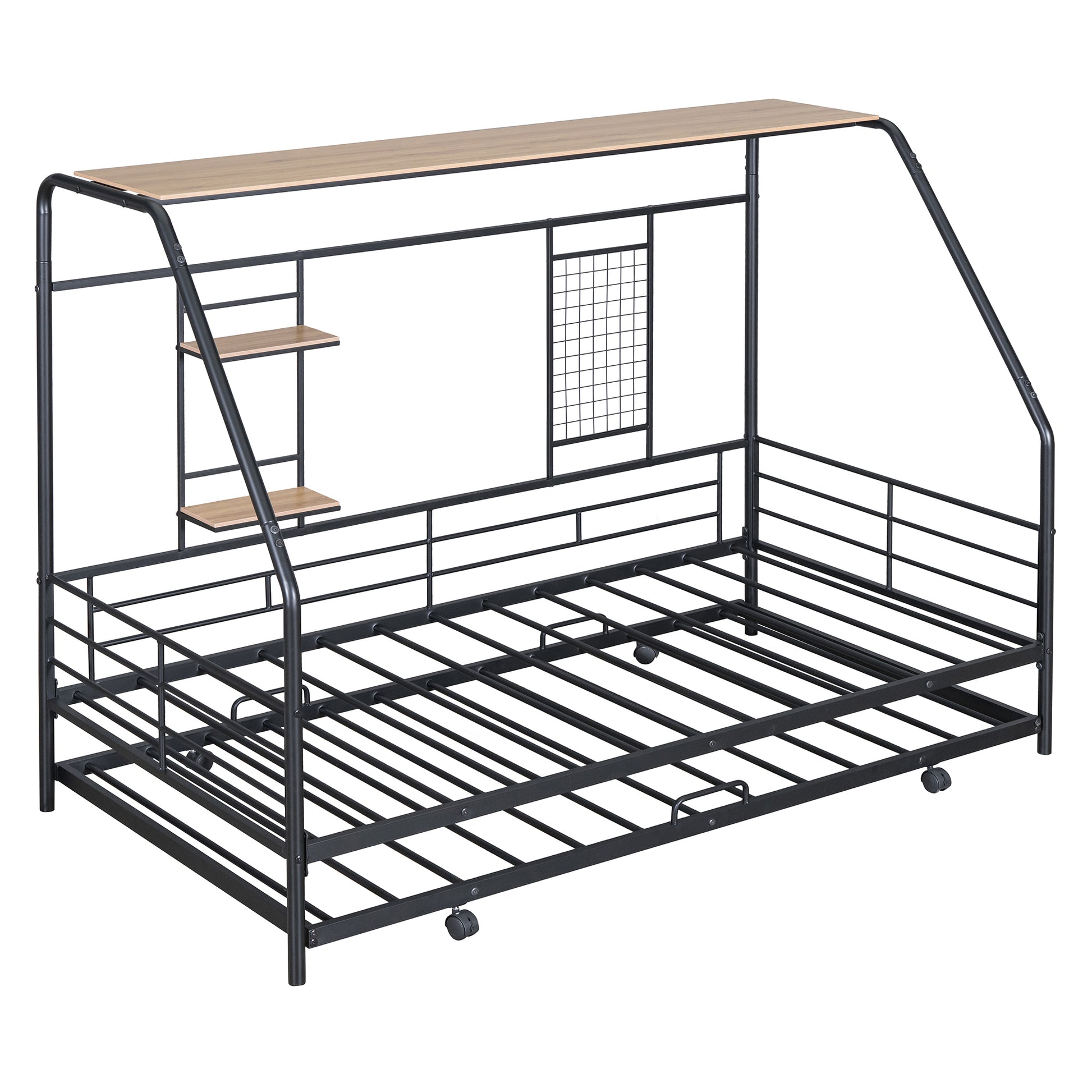Twin Size Metal House Bed With Trundle, Black Twin Black Metal