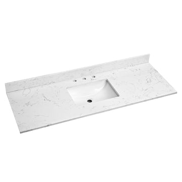 60"X 22" Bathroom Stone Vanity Top Engineered Color With Undermount Ceramic Sink And 3 Faucet Hole With Backsplash White Stone