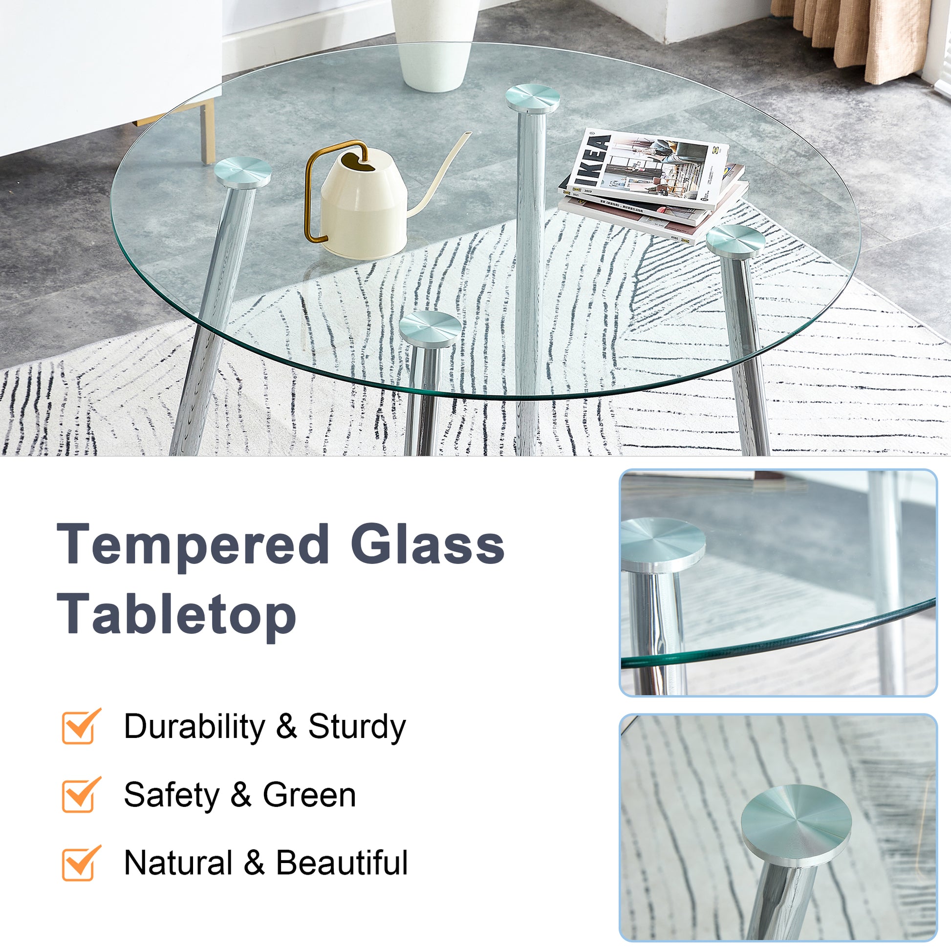 Table And Chair Set.A Modern Minimalist Round Dining Table With Transparent Tempered Glass Top And Silver Metal Legs,And 4 Chairs With Pu Backrest And Seat Cushion And Silver C Tube Metal Legs. Transparent,White Seats 4 Glass Metal