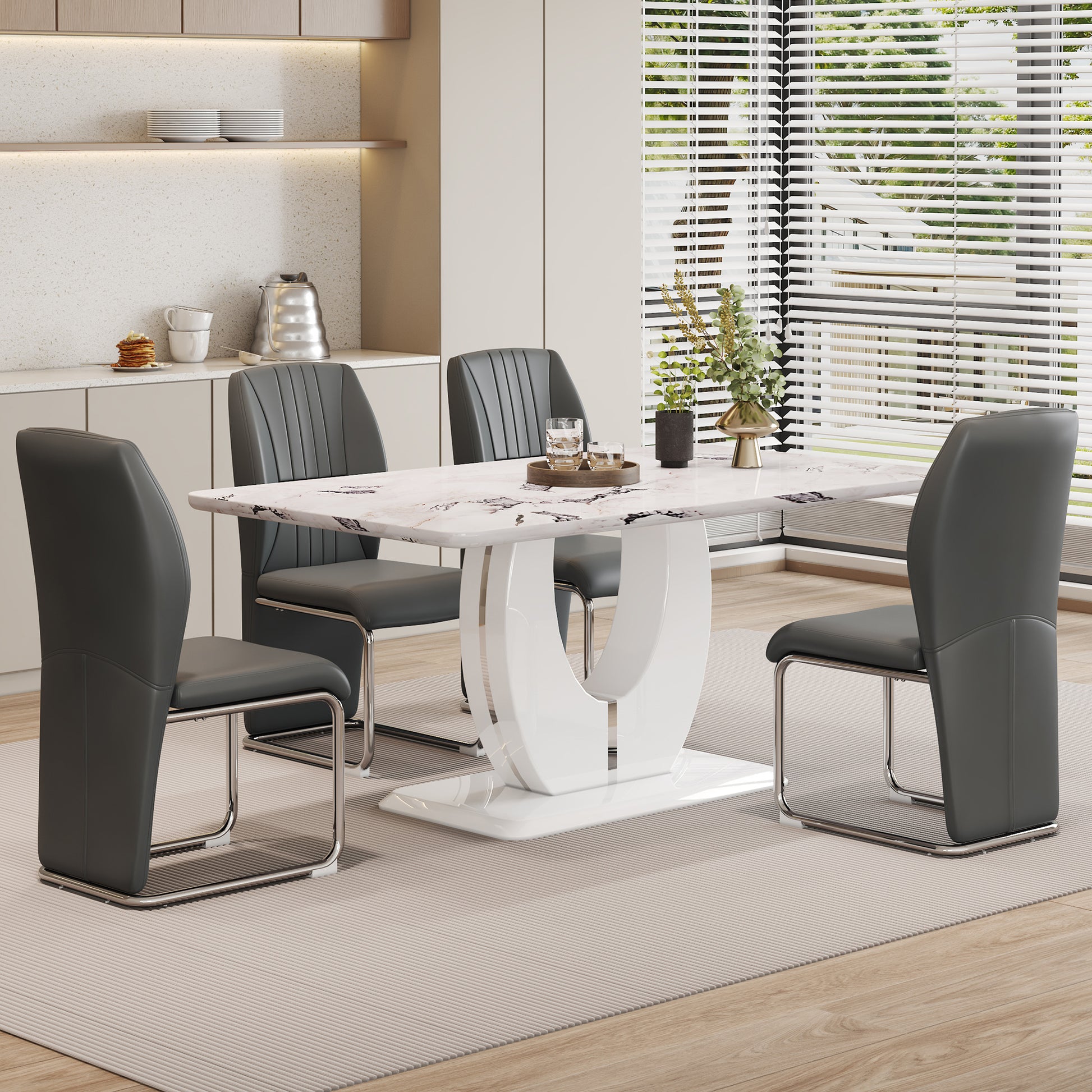 Table And Chair Set, Modern Luxurious White Imitation Marble Pattern Mdf Dining Table Rectangular Dining Table, Matched With Uniquely Shaped Pu High Backrest Seats,Suitable For Various Occasions. Grey White Seats 4 Mdf