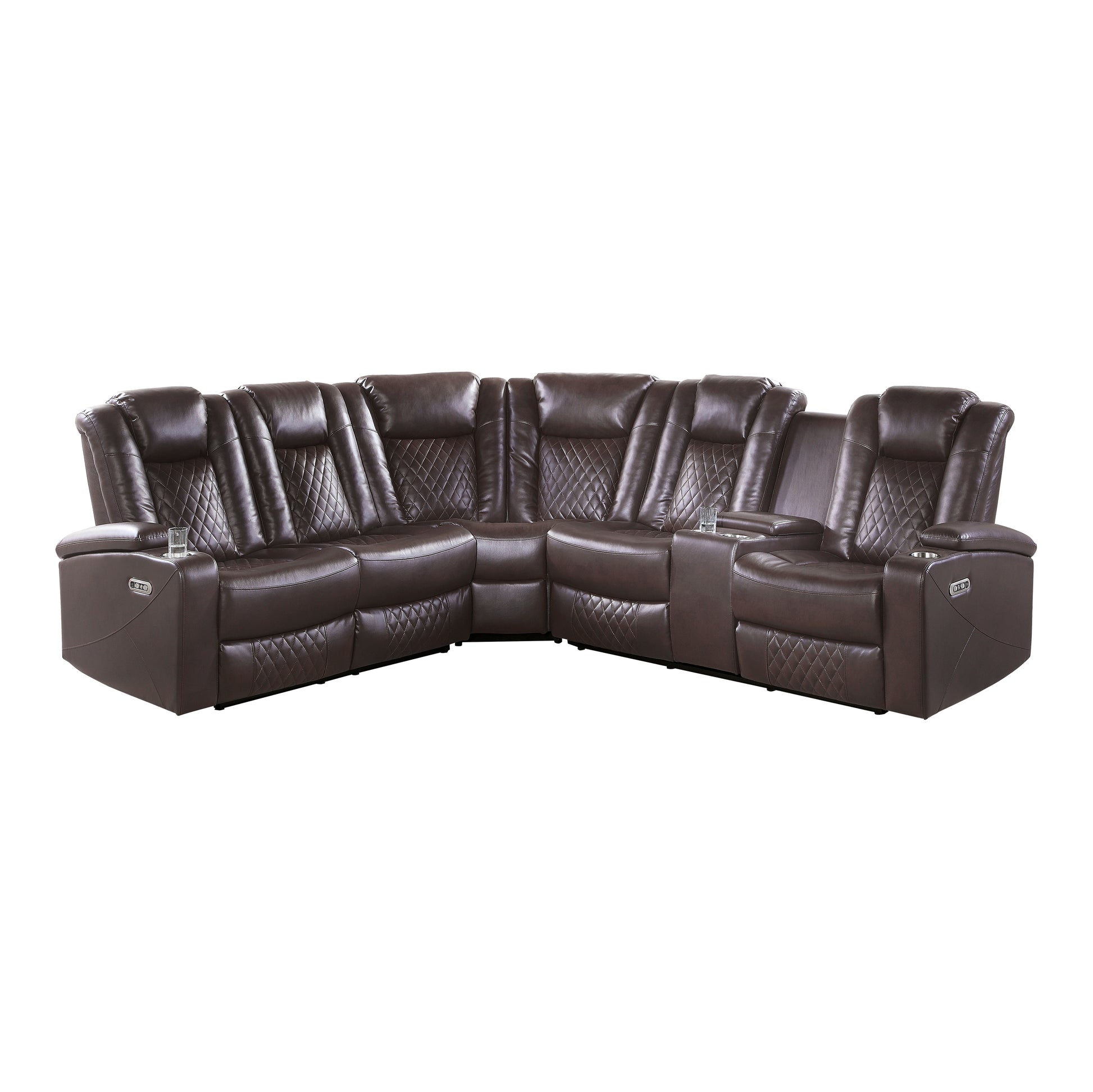 Luxury Living Room 3 Piece Power Reclining Sectional With Drop Down Cup Holders, Reading Lights, Console, Storage Arms With Cup Holders, Plush Seating, Premium Faux Leather Upholstery Dark Brown Faux Leather Wood Primary Living Space Luxury,Modern