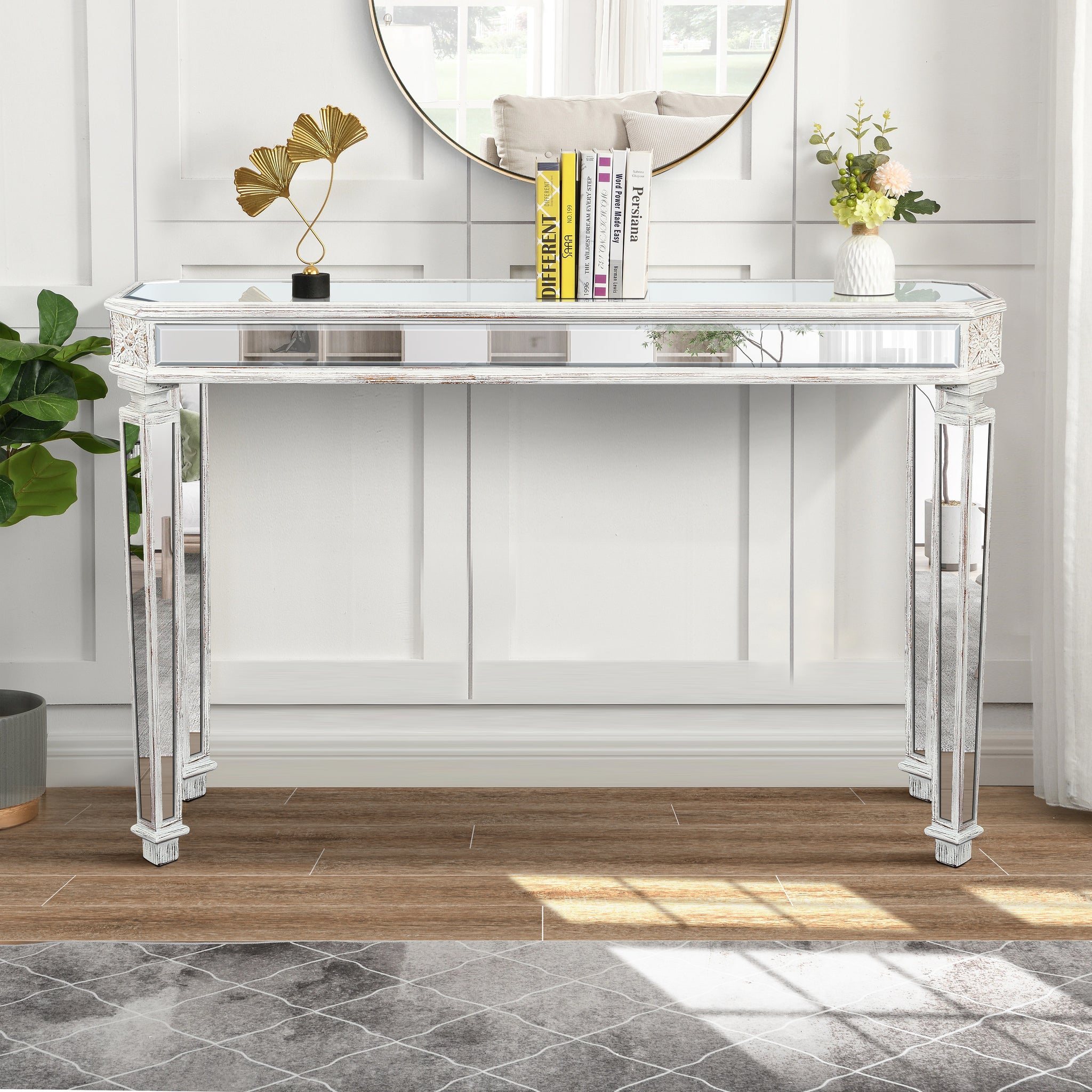 Mirror Console Table Vintage Wood Grain Carving Process Gorgeous And Noble For Entryway, Sofa Table,Living Room 48''W X 32.3''H X 18D Oak Silver White Mirrored Finish Triangular Primary Living Space