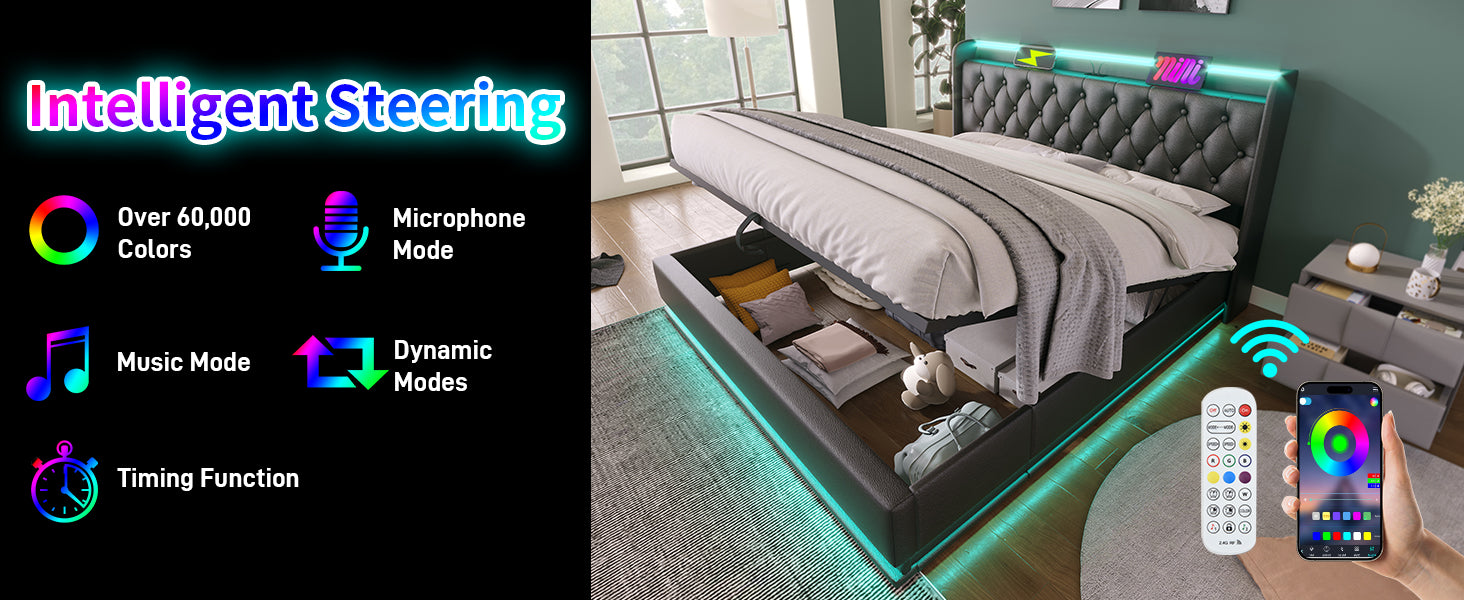 Full Size Upholstered Bed, 360 Surround Led Function, Buttons Apps Remote Control, Hydraulic Storage Bed With Usb Type C Charging, Black,Pu Without Mattress Full Black Pu
