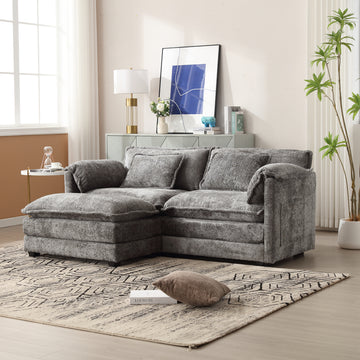 United We Win Chenille Fabric, Removable Armrests With Side Pockets, High Density Sponge Filling, Oversized Double Sofa With Footstool Gray Chenille 2 Seat