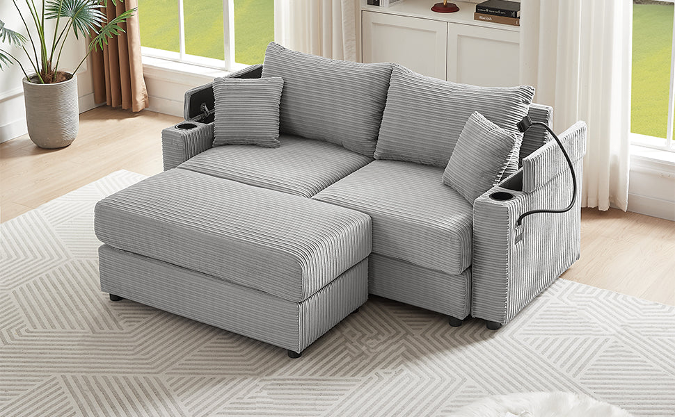 72.8" Modern Style Loveseat Sofa Sectional Sofa Couch With Storage Space, A Movable Ottoman, Two Usb Ports, Two Cup Holders, A Phone Holder For Living Room, Gray Gray Foam Corduroy 3 Seat