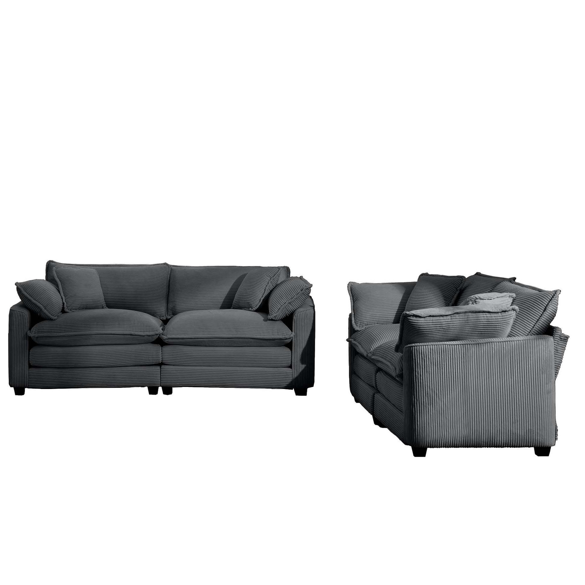 Modern Fabric Living Room Sofa Two Piece Set, Two 2 Seater Sofas With 8 Cushion Upholstery Large Deep Seat Recliner, Grey Corduroy Fabric Grey Corduroy 4 Seat