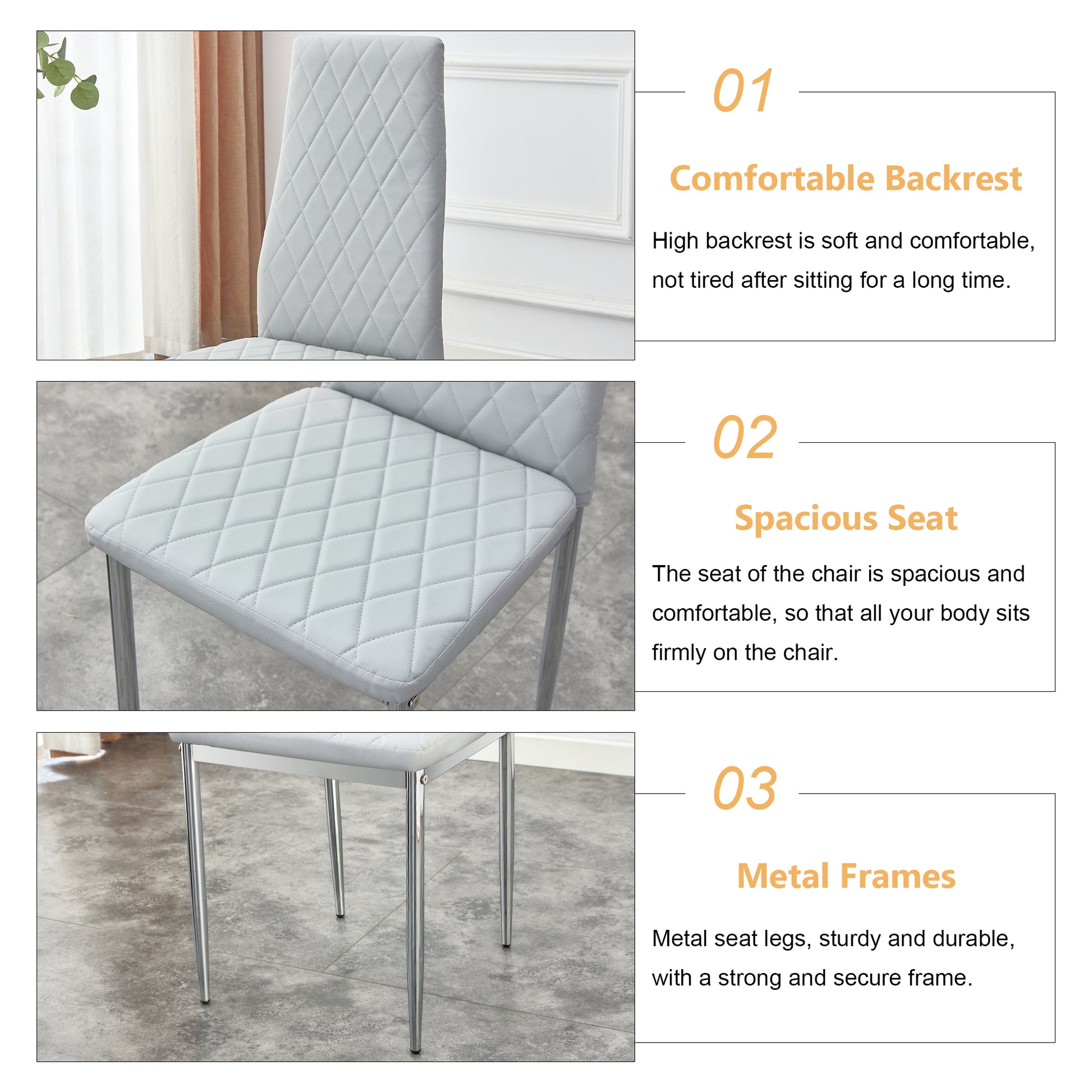 Table And Chair Set.Rectangular Dining Table With Tempered Glass Tabletop And Silver Plating Metal Legs.Paired With 4 Checkered Armless High Backlight Gray Chairs With Electroplated Metal Legs. Transparent Seats 4 Glass Metal