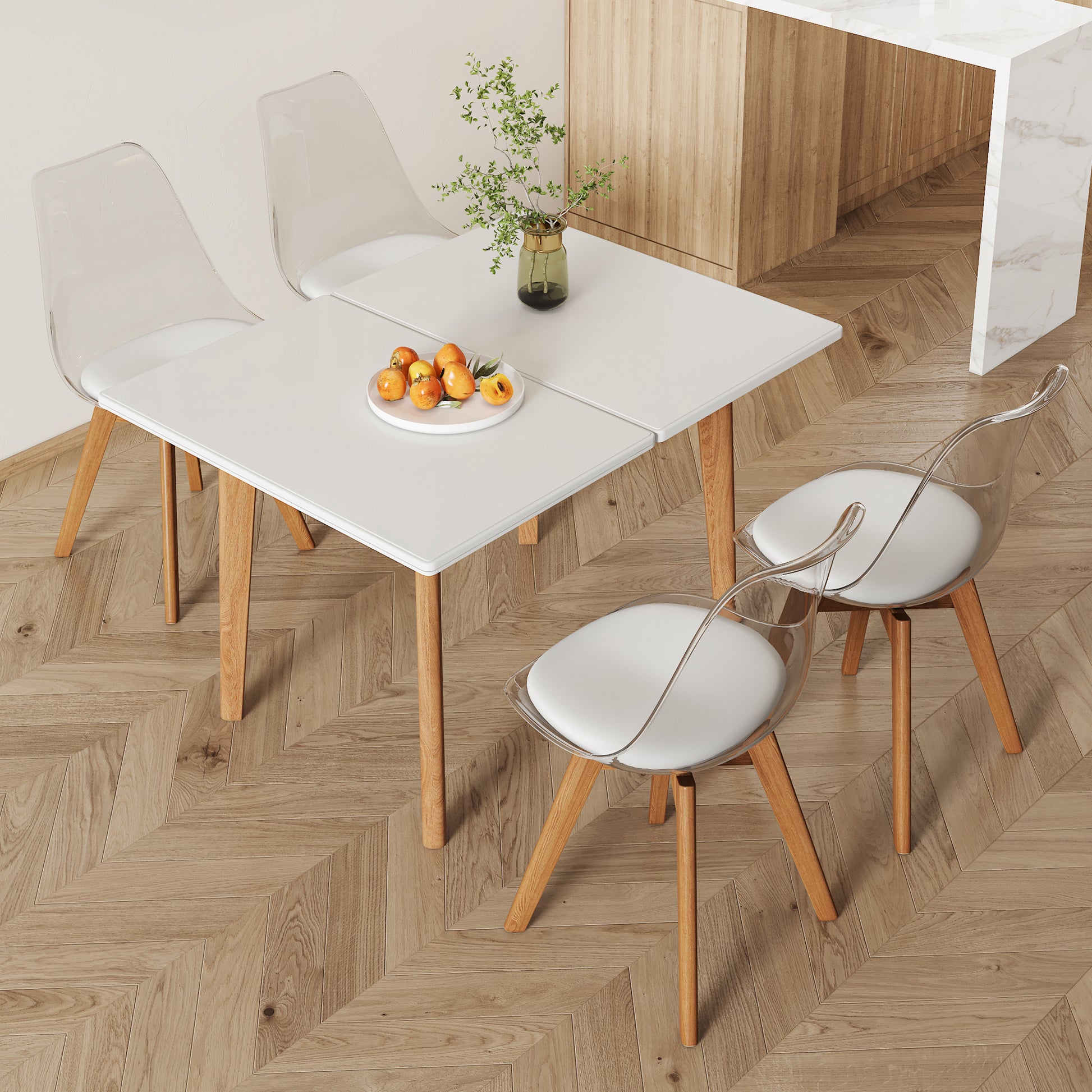 White Stone Burning Tabletop With Rubber Wooden Legs, Foldable Computer Desk, Foldable Office Desk,4 Modern Chairs Can Rotate 360 Degrees,The Seat Cushion Is Made Of Pu Material. Zd 1545Sc 003 White Sintered Stone