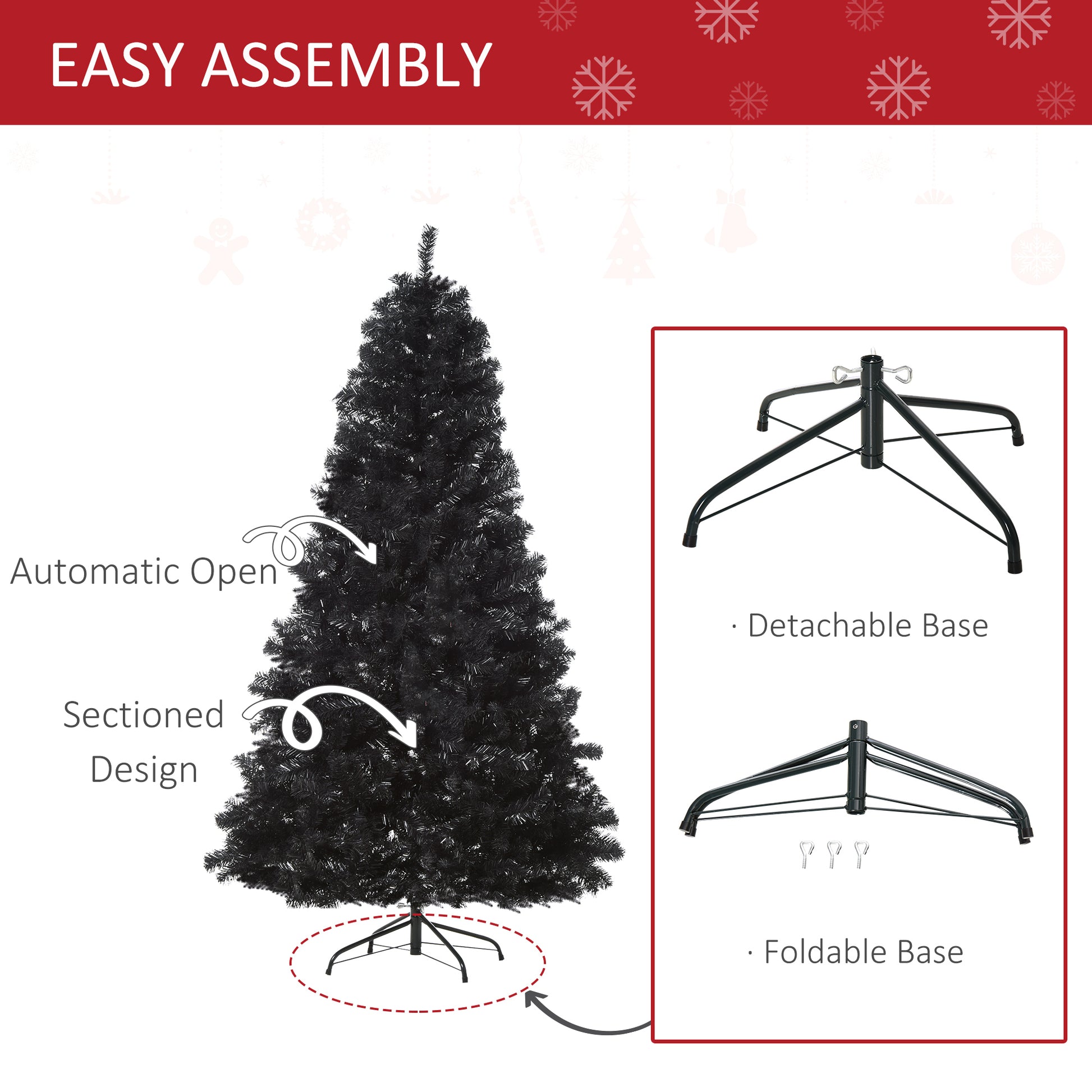 Homcom 7Ft Artificial Christmas Tree Unlit Douglas Fir With Realistic Branches And 1346 Tips, Black Halloween Style Black Plastic