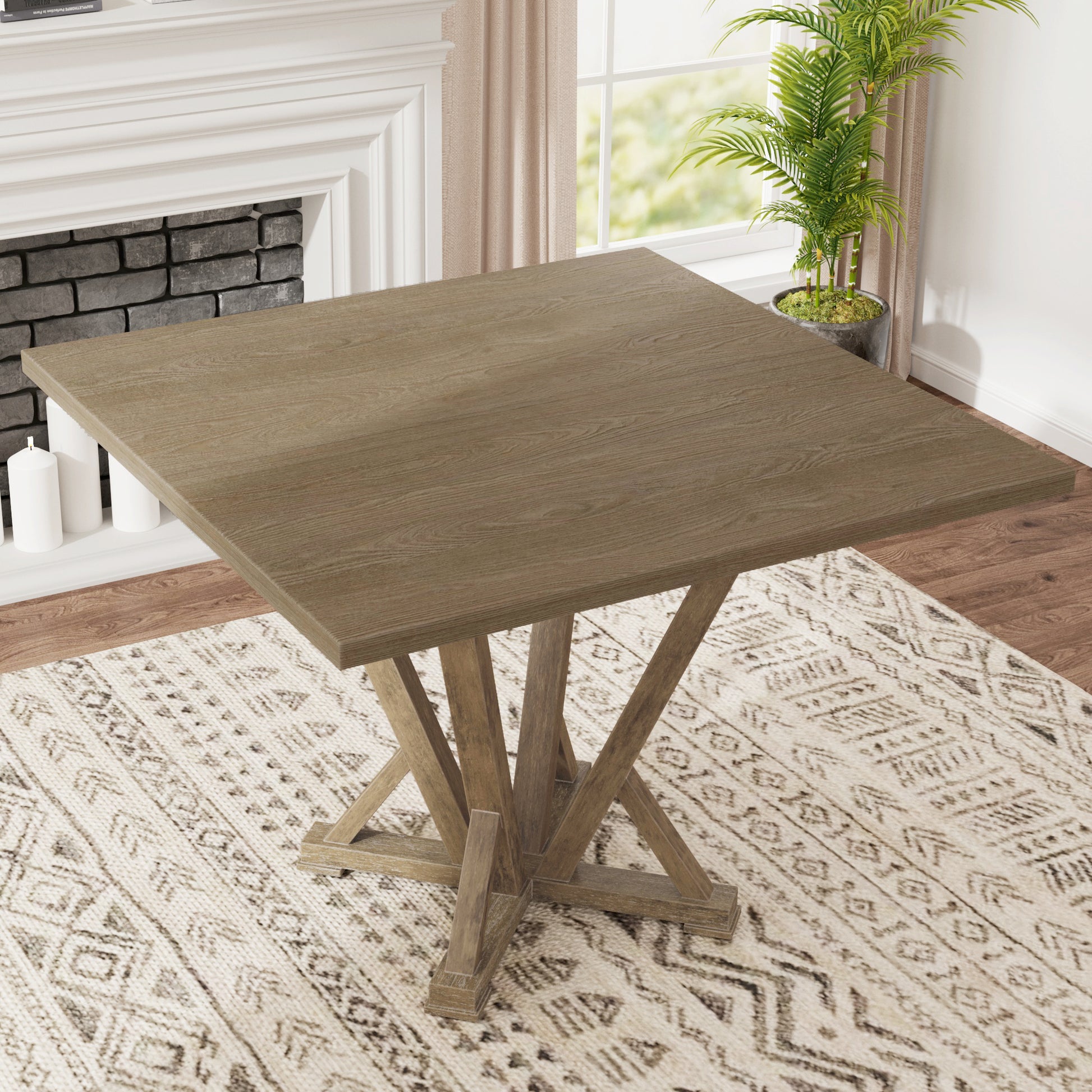 Modern Farmhouse Square Counter Table 45Inch Solid Wood Rubberwood Antique Finishing Rustic Look Distressed Look Wire Brushed For 4 Seaters 36Inch Height Grayish Brown Light Brown Distressed Finish Dining Room Antique,Farmhouse,French