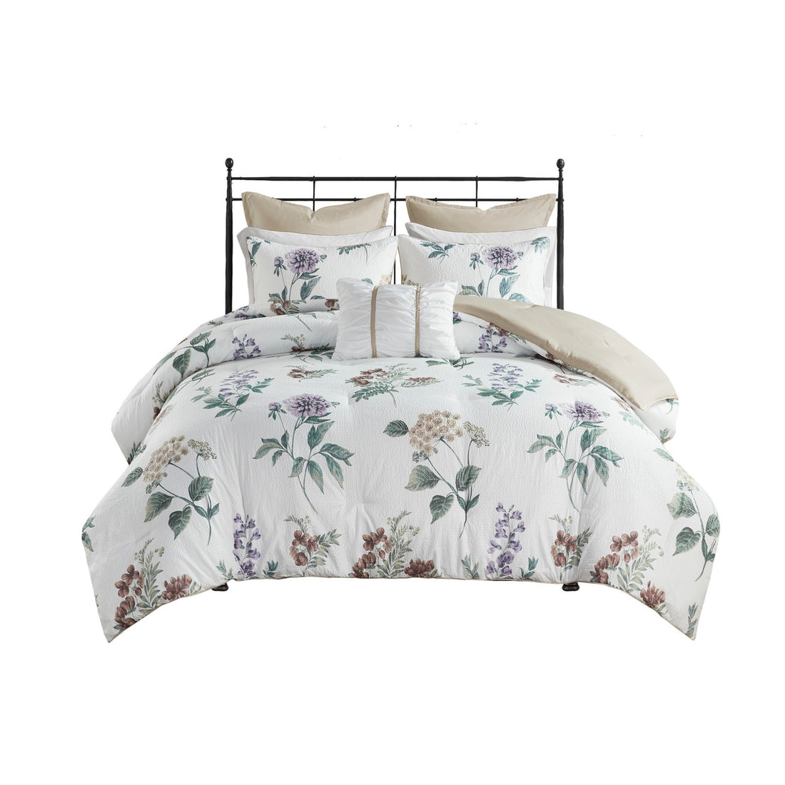 7 Piece Printed Seersucker Comforter Set With Throw Blanket Taupe Blush King Cal King Multicolor Polyester