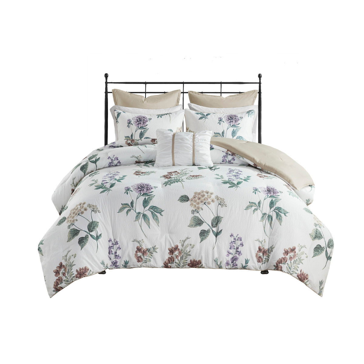 7 Piece Printed Seersucker Comforter Set With Throw Blanket Taupe Blush King Cal King Multicolor Polyester