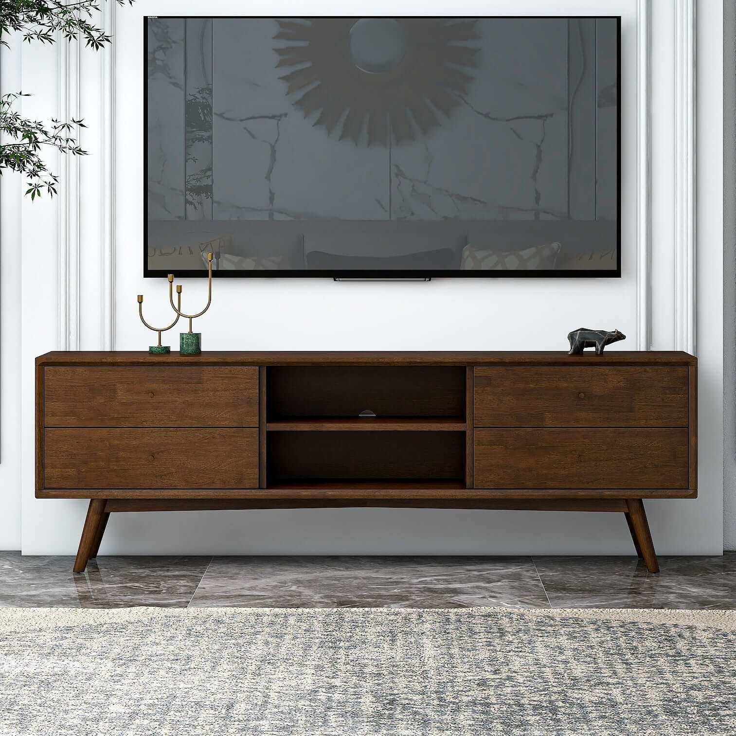 Caroline Mid Century Modern Style Walnut Tv Stand Up To 72" Brown,Dark Brown,Wood Brown 70 79 Inches Primary Living Space 70 79 Inches Mid Century Modern 70 Inches Solid Wood