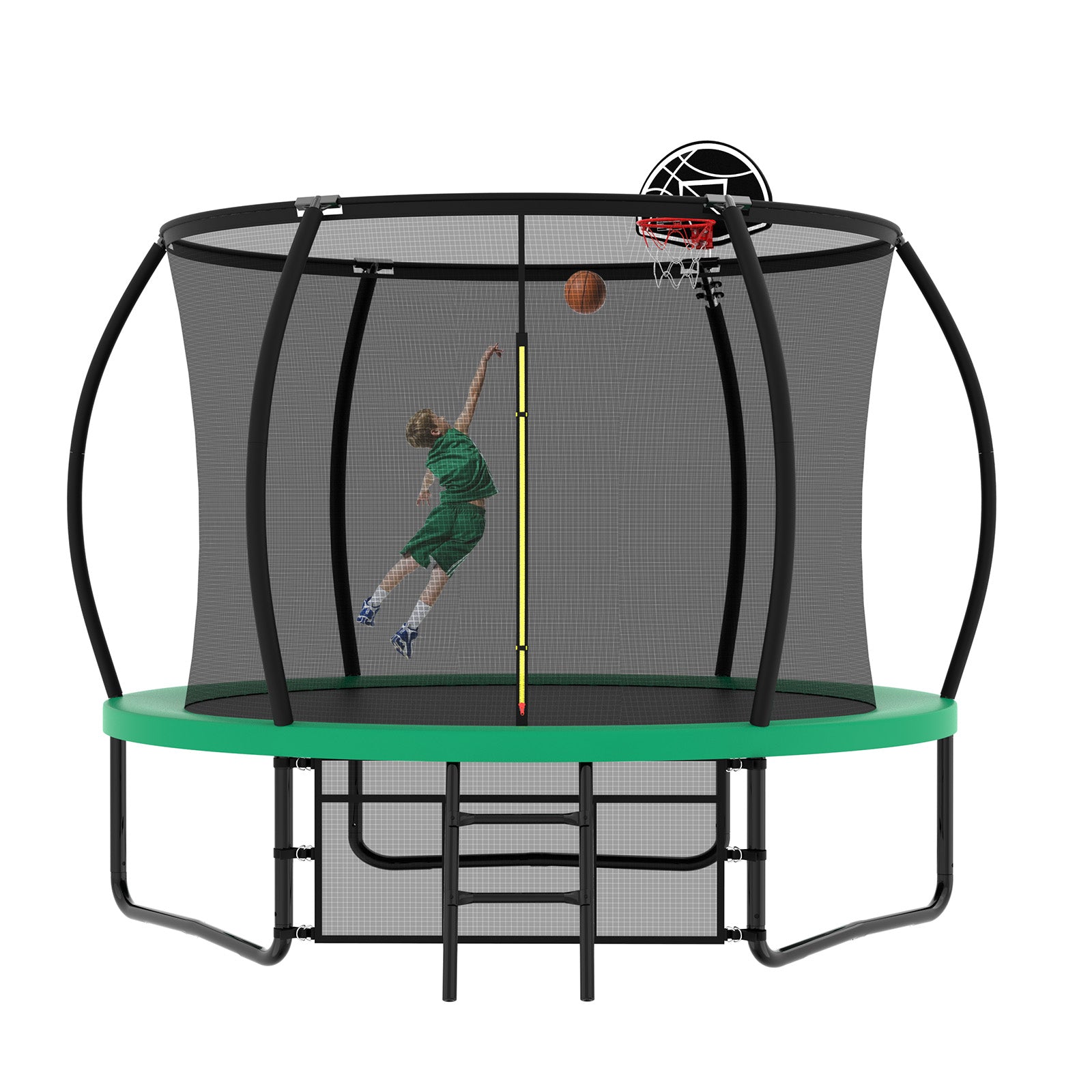 10Ft Pumpkin Trampoline, Outdoor Trampoline With Basketball Hoop, Enclosure Net And Ladder Green Steel