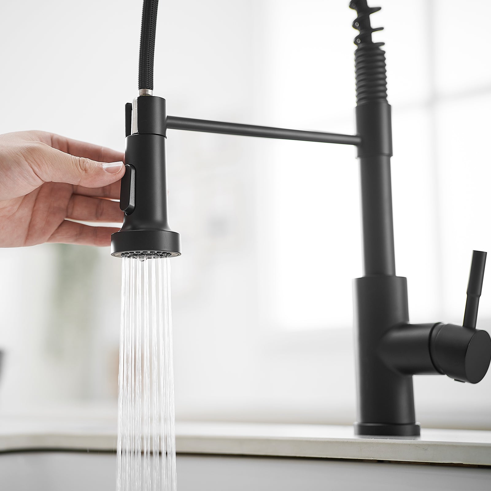 Kitchen Faucet With Pull Down Sprayer Black Stainless Steel Single Handle Pull Out Spring Sink Faucets Black Kitchen Classic,Contemporary,Modern Ceramic Stainless Steel