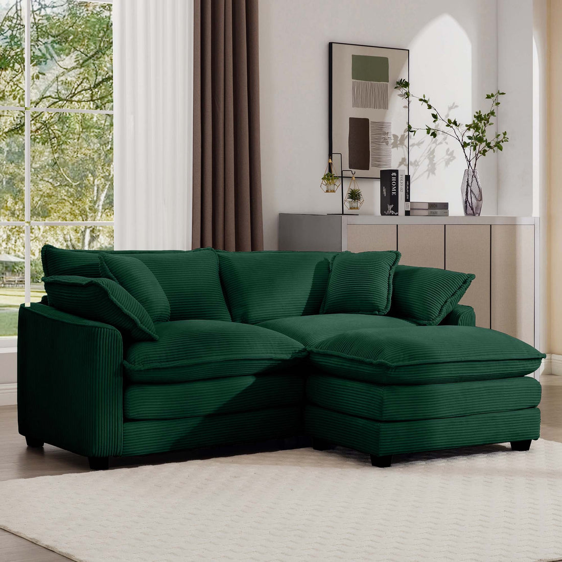 Corduroy Two Seater Sofa With 1 Footrest, L Shaped 2 Seater Sofa With Ottoman For Small Living Spaces, Green Corduroy Sofa Green Corduroy 2 Seat