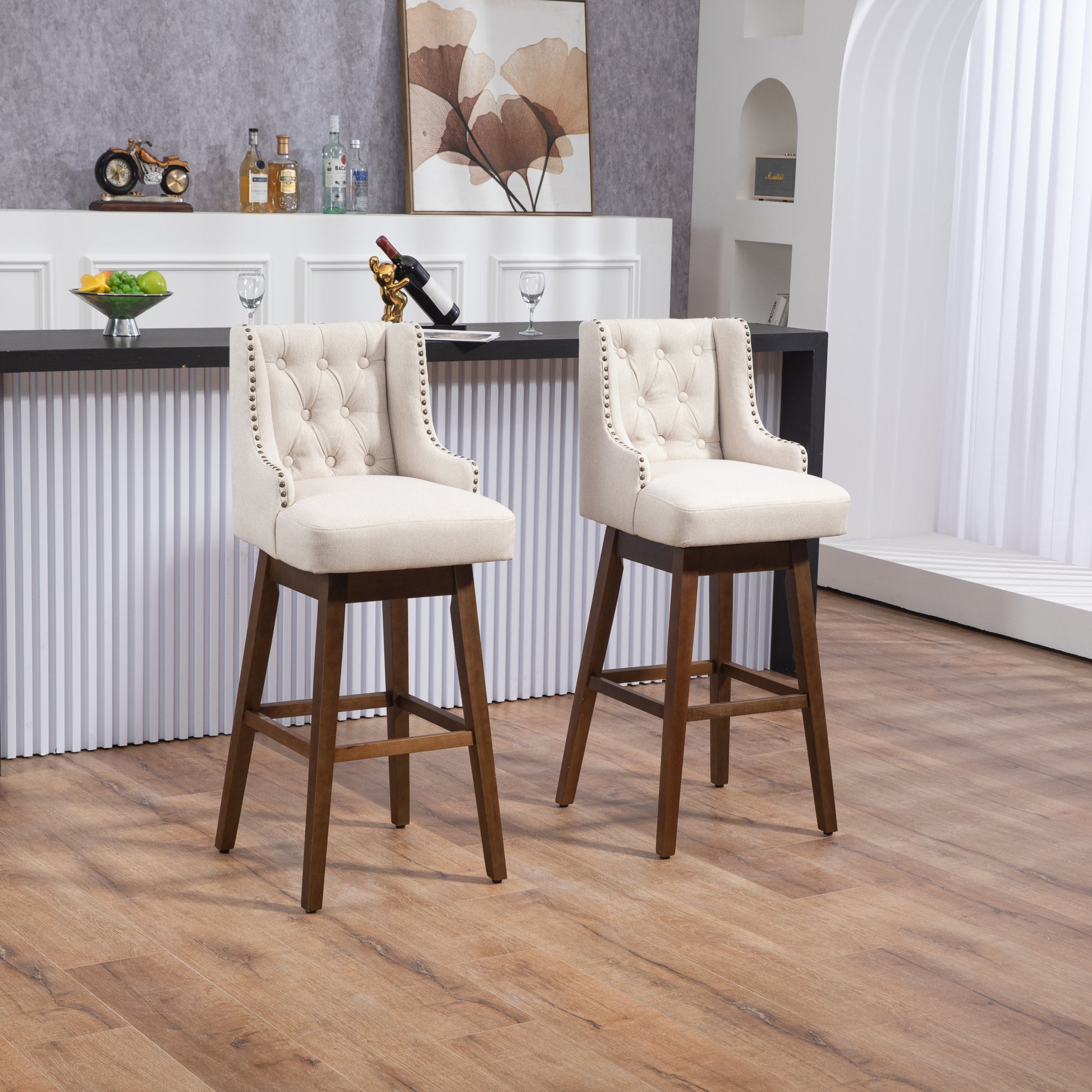 Coolmore Bar Stools Set Of 2 Counter Height Chairs With Footrest For Kitchen, Dining Room And 360 Degree Solid Wood Legs Swivel Bar Stools Set Of 2 Beige Linen Beige Foam Linen