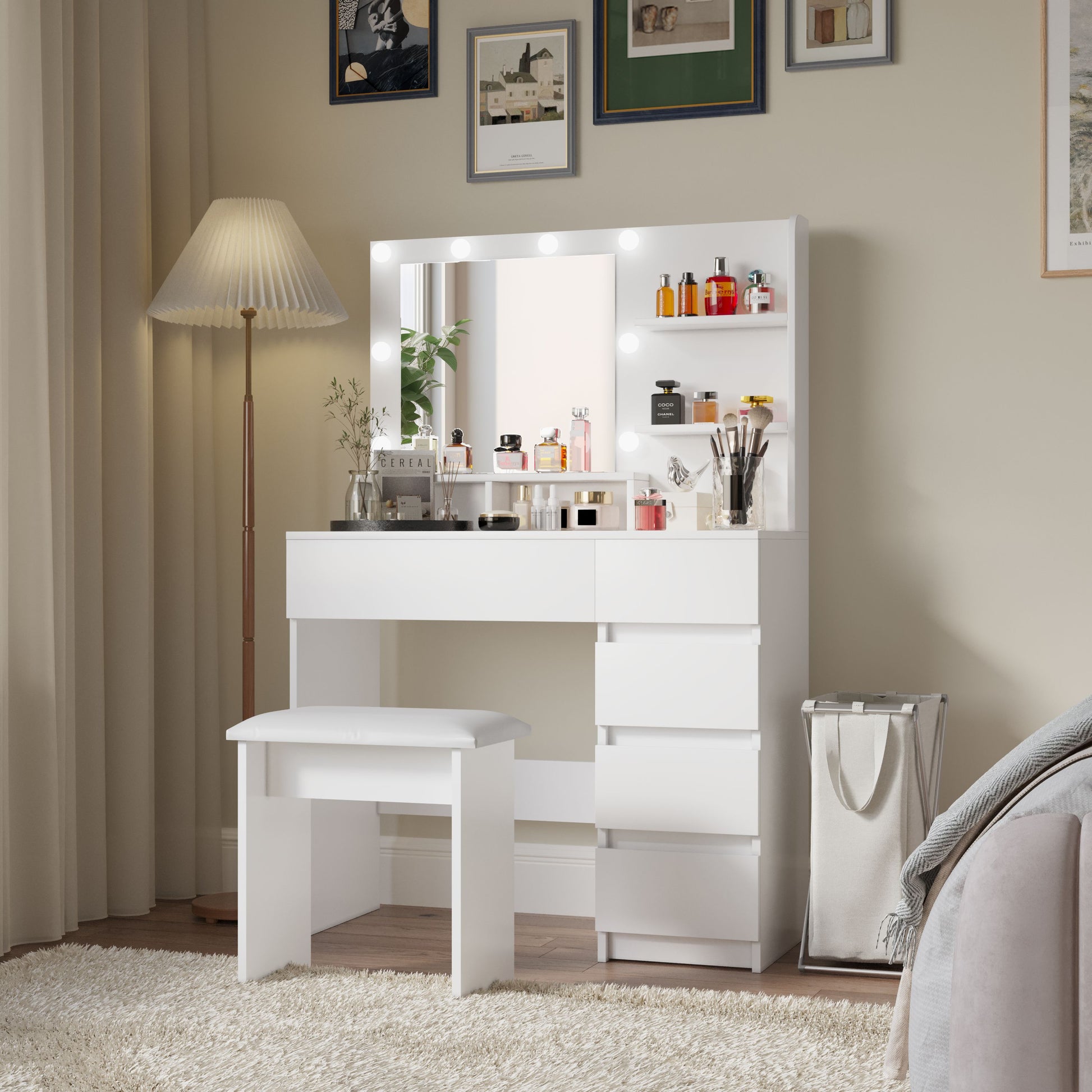 Vanity, Makeup Vanity Desk Set With Mirror & Light, Dressing Table Storage Lots With Power Strip, 3 Lighting Modes With Adjustable Brightness, 37 Inches White With Stool White Drawer 4 Drawers Bedroom Extra Deep Drawers Modern 2 Or Less Mirror Included