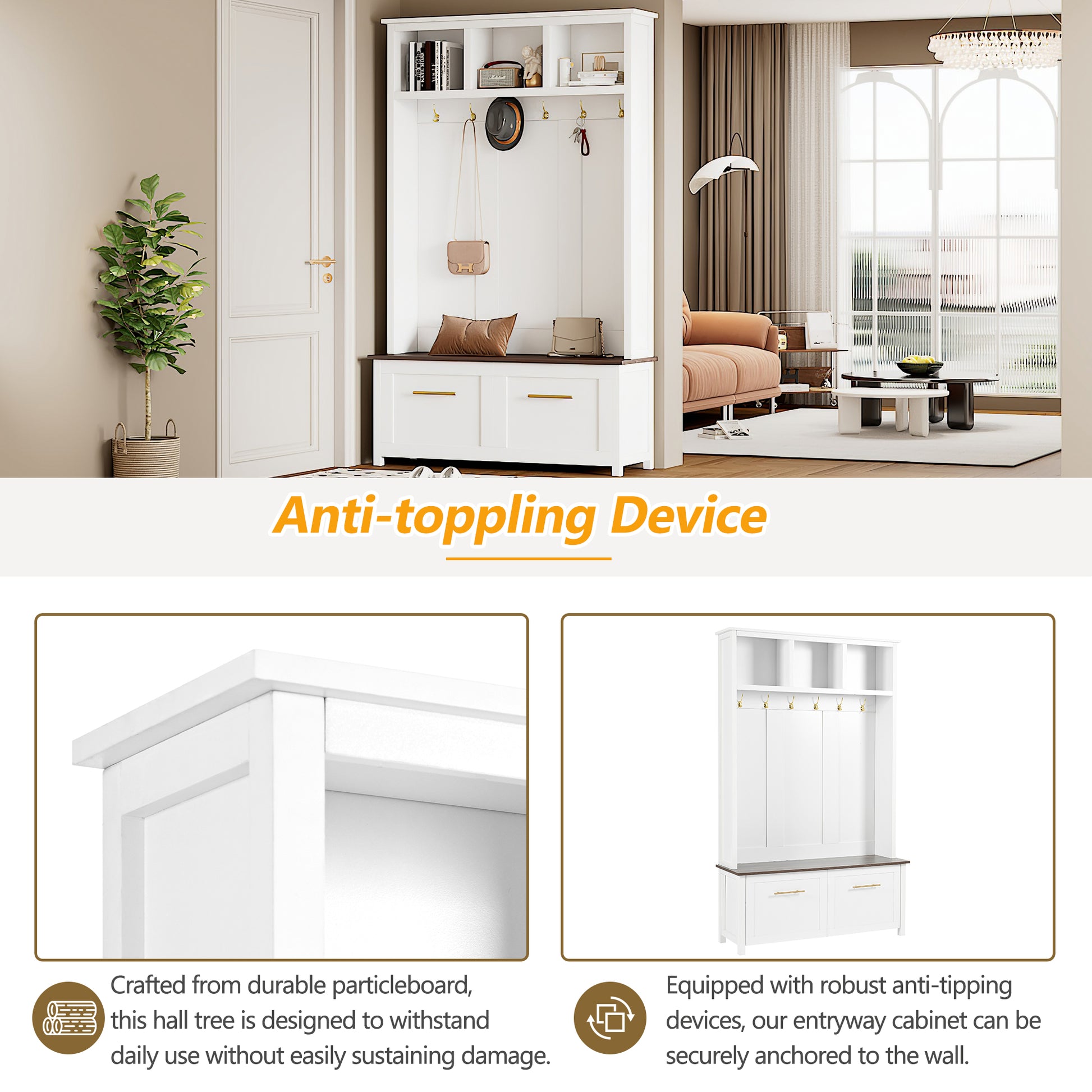 Versatile 4 In 1 Hall Tree With 6 Golden Hooks, Brown Wood Grain Bench With Multiple Storage Space, Entryway Coat Rack With 2 Drawers For Living Room, Hallway, White, 47.2''W*76.6''H White Primary