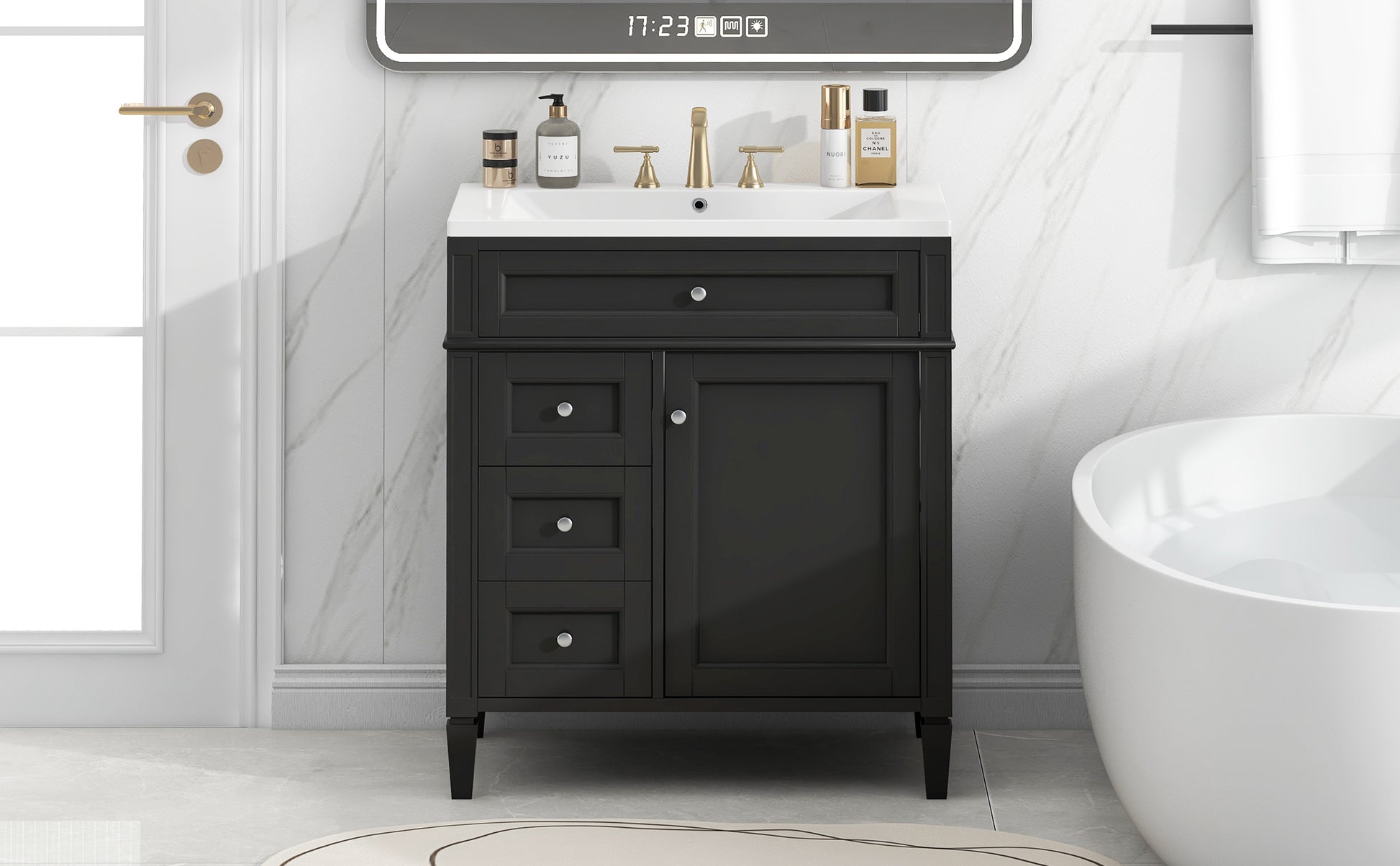 30'' Bathroom Vanity With Top Sink, Modern Bathroom Storage Cabinet With 2 Drawers And A Tip Out Drawer, Single Sink Bathroom Vanity Black Bathroom Solid Wood Mdf