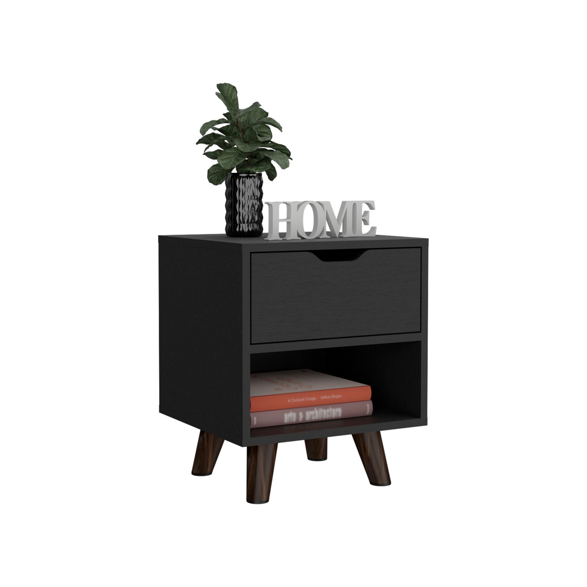 Modern Nightstand 19"H With Spacious Drawer, Open Storage Shelf And Chic Wooden Legs, Black Black Particle Board Particle Board